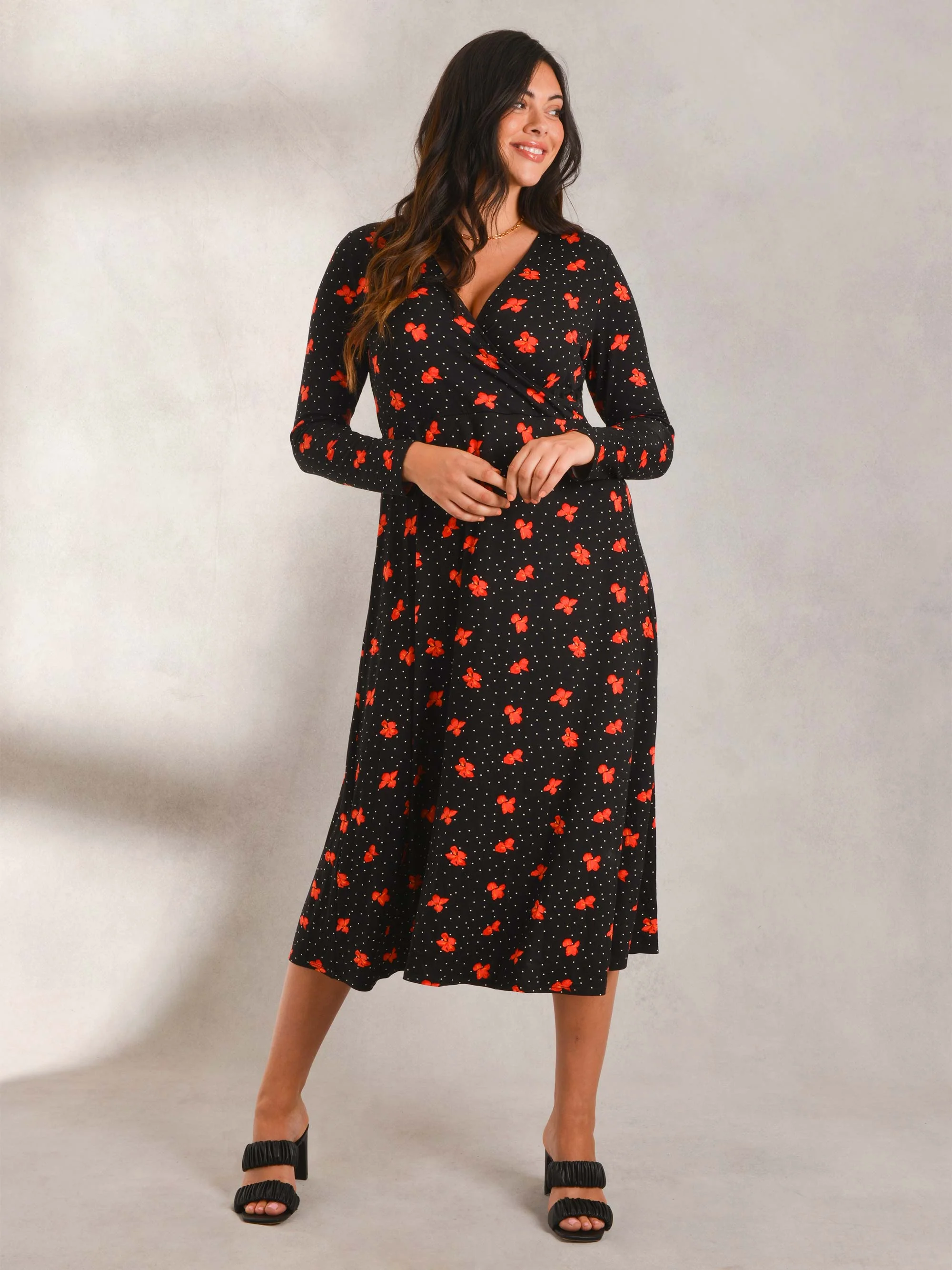 Black & Red Floral Print Mock Wrap Jersey Dress