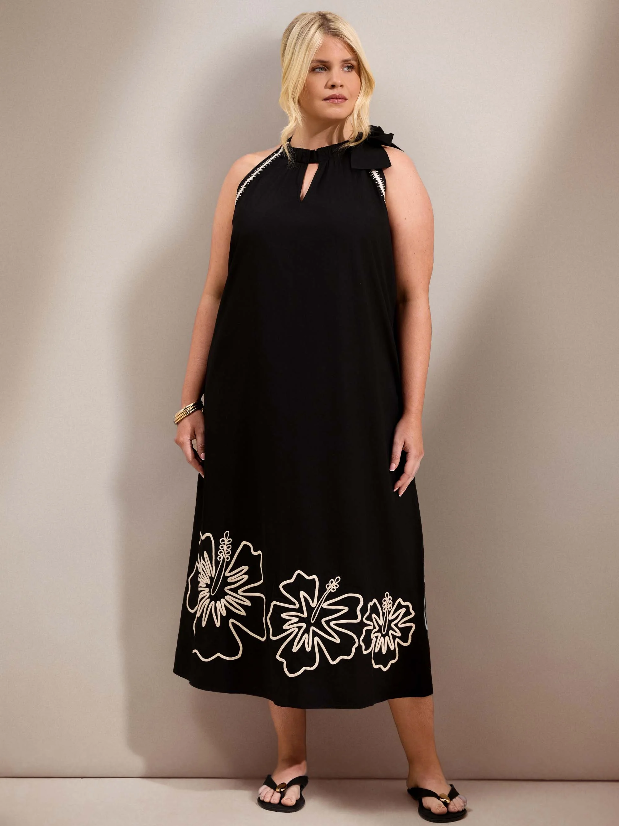 Black Cotton Halterneck Embroidered Floral Midi Dress