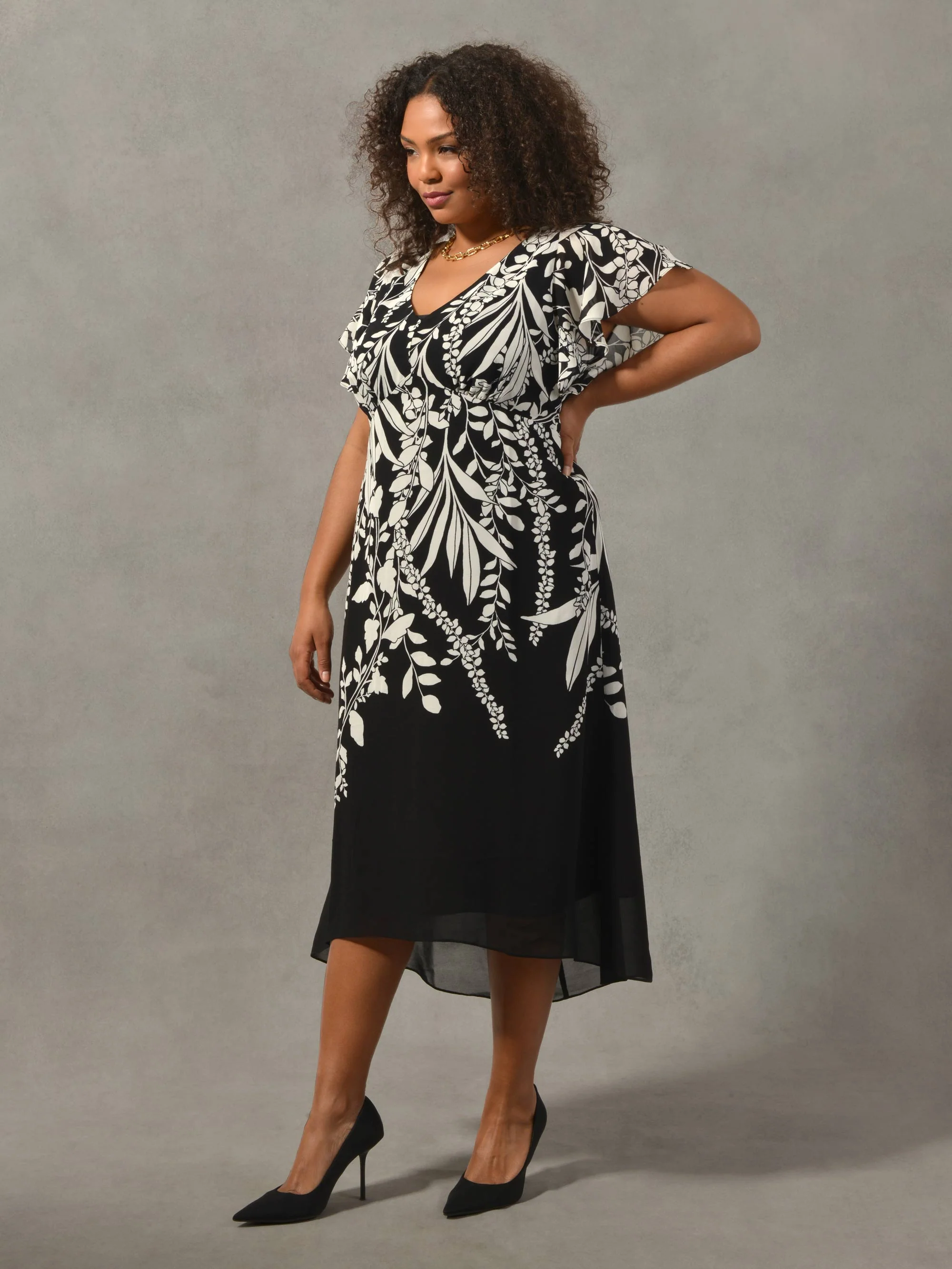 Black & Cream Floral Placement Angel Sleeve Dress
