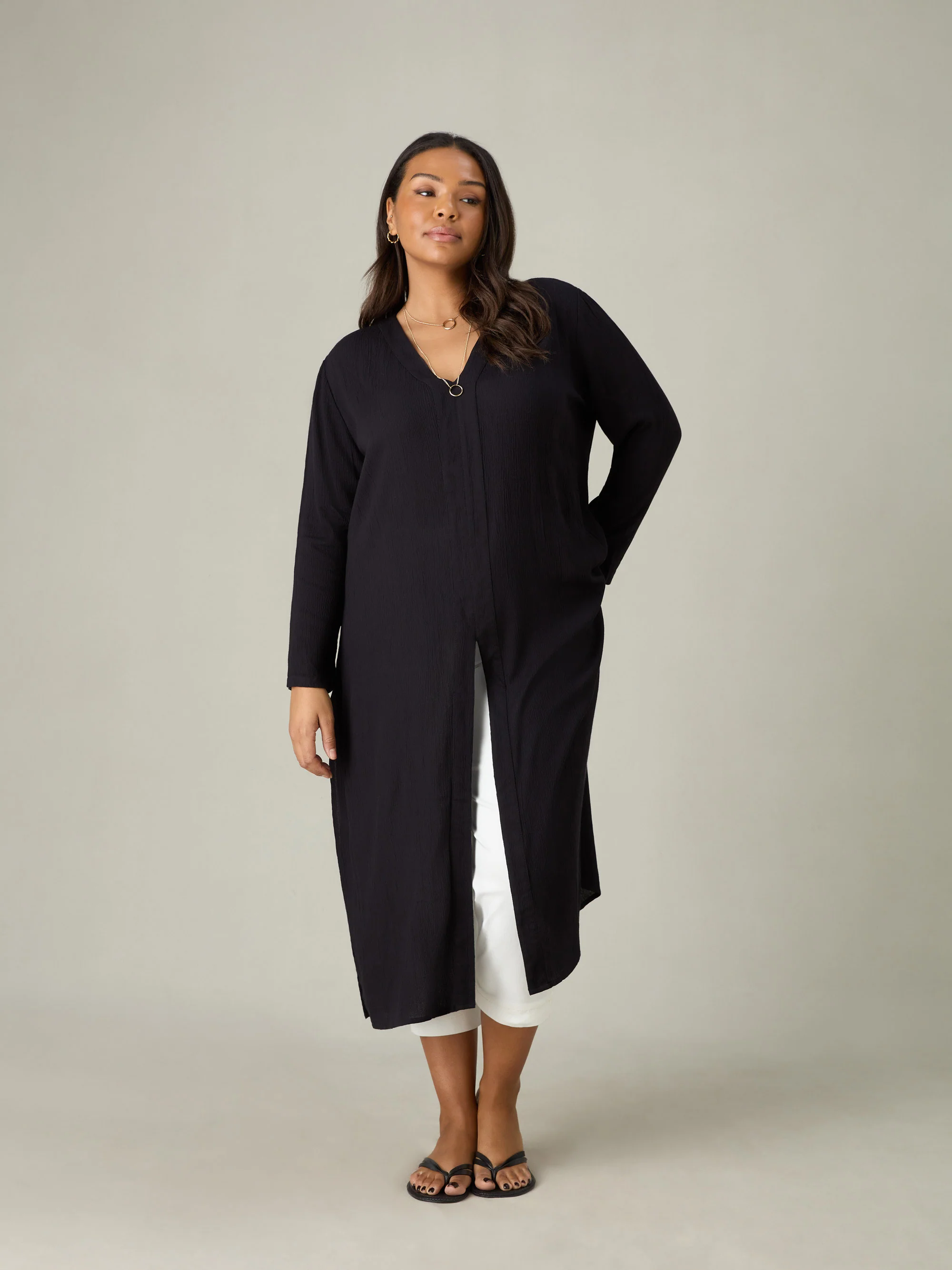Black Crinkle Split Front Longline Tunic