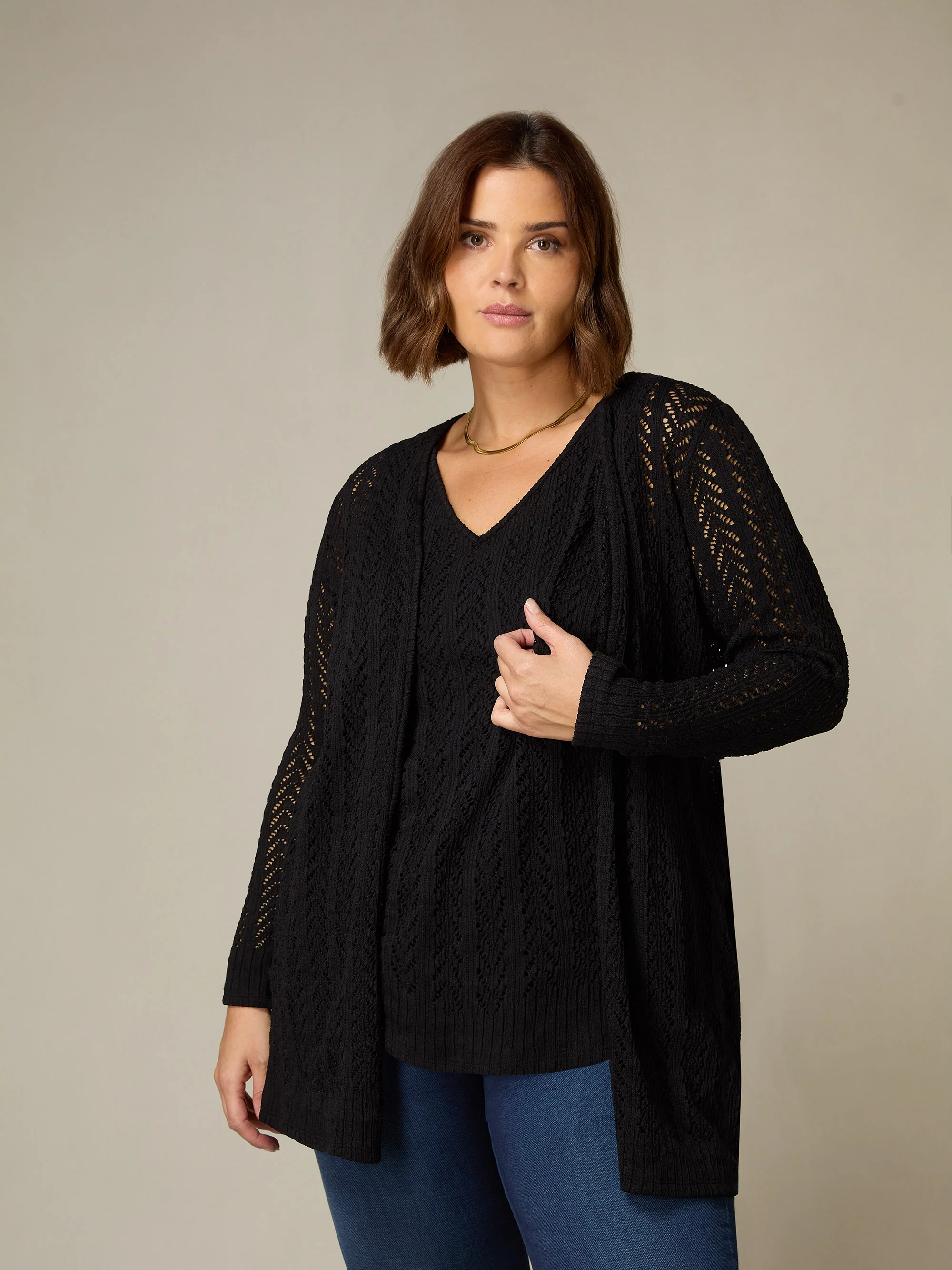 Black Crochet Knit Cardigan