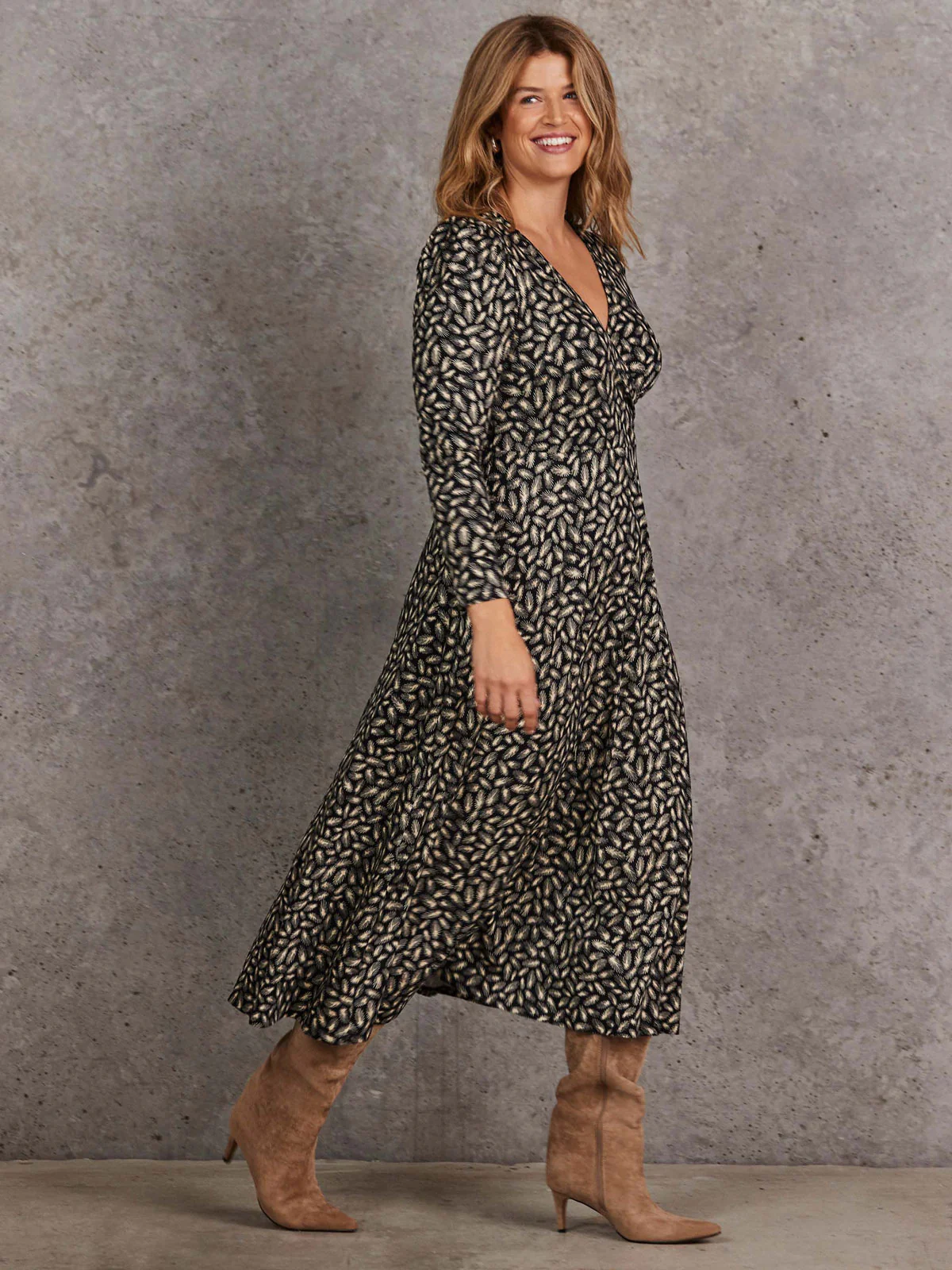 Black Feather Print Puff Sleeve Jersey Wrap Dress