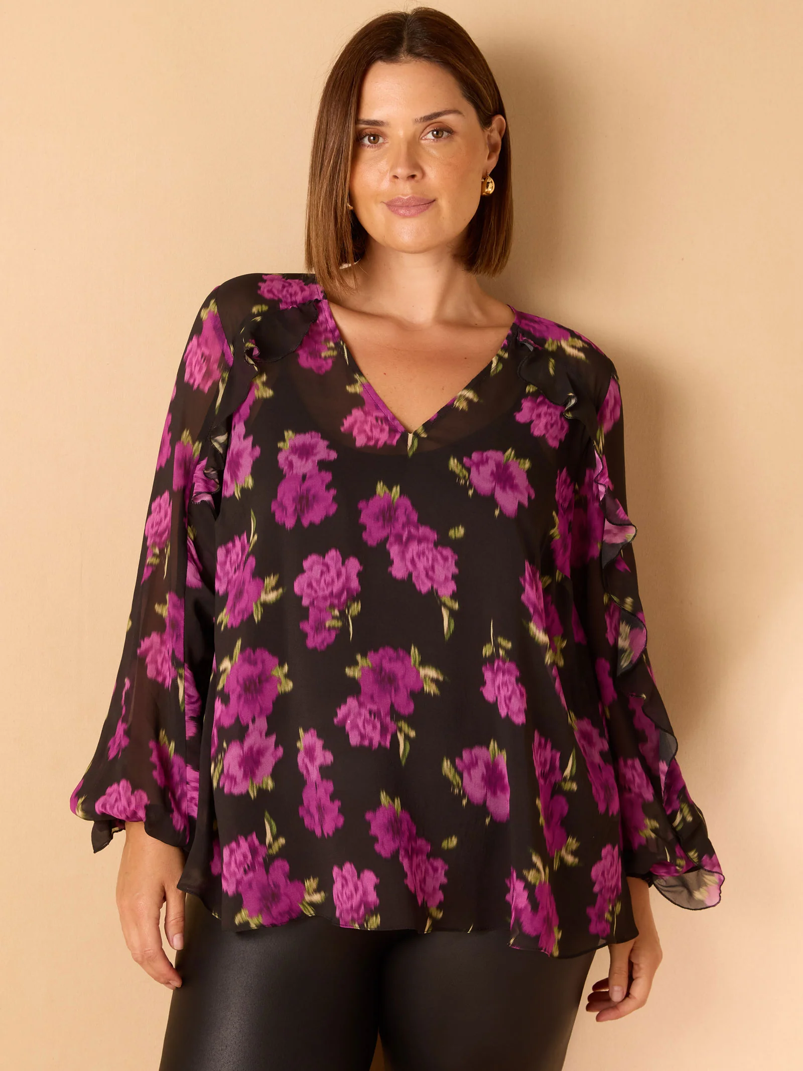 Purple Floral Print V Neck Ruffle Blouse - Image 2
