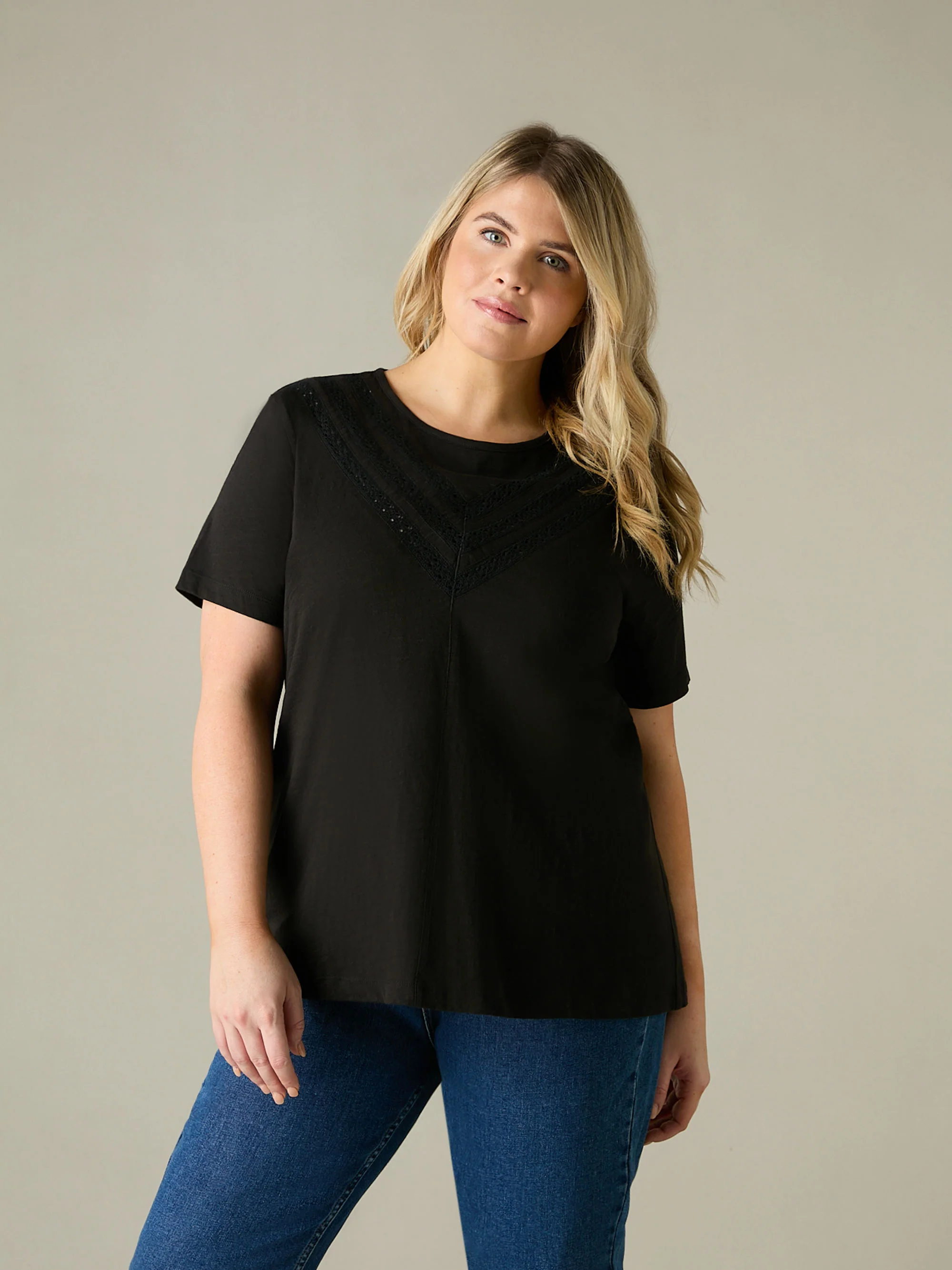 Black Jersey Broderie V-Neck Top