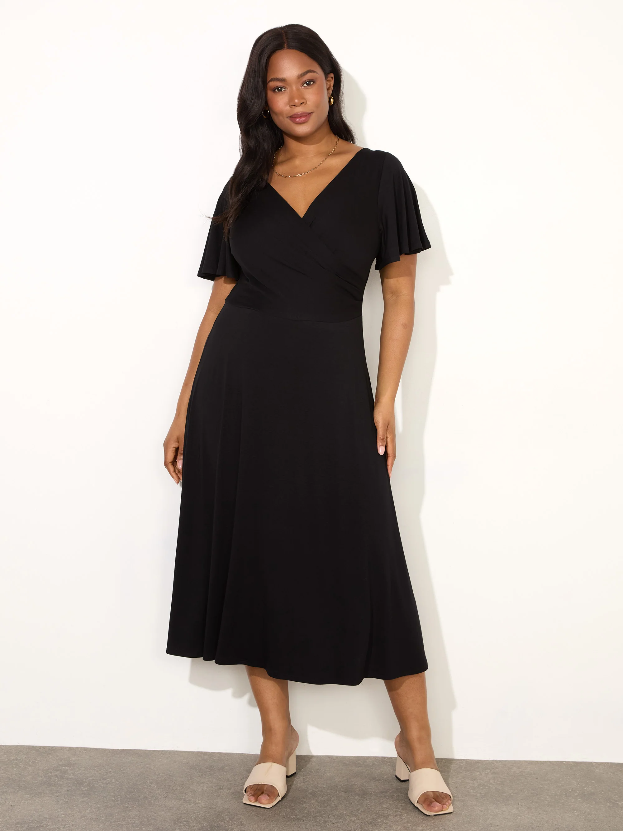 Black Jersey Flutter Sleeve Wrap Dress