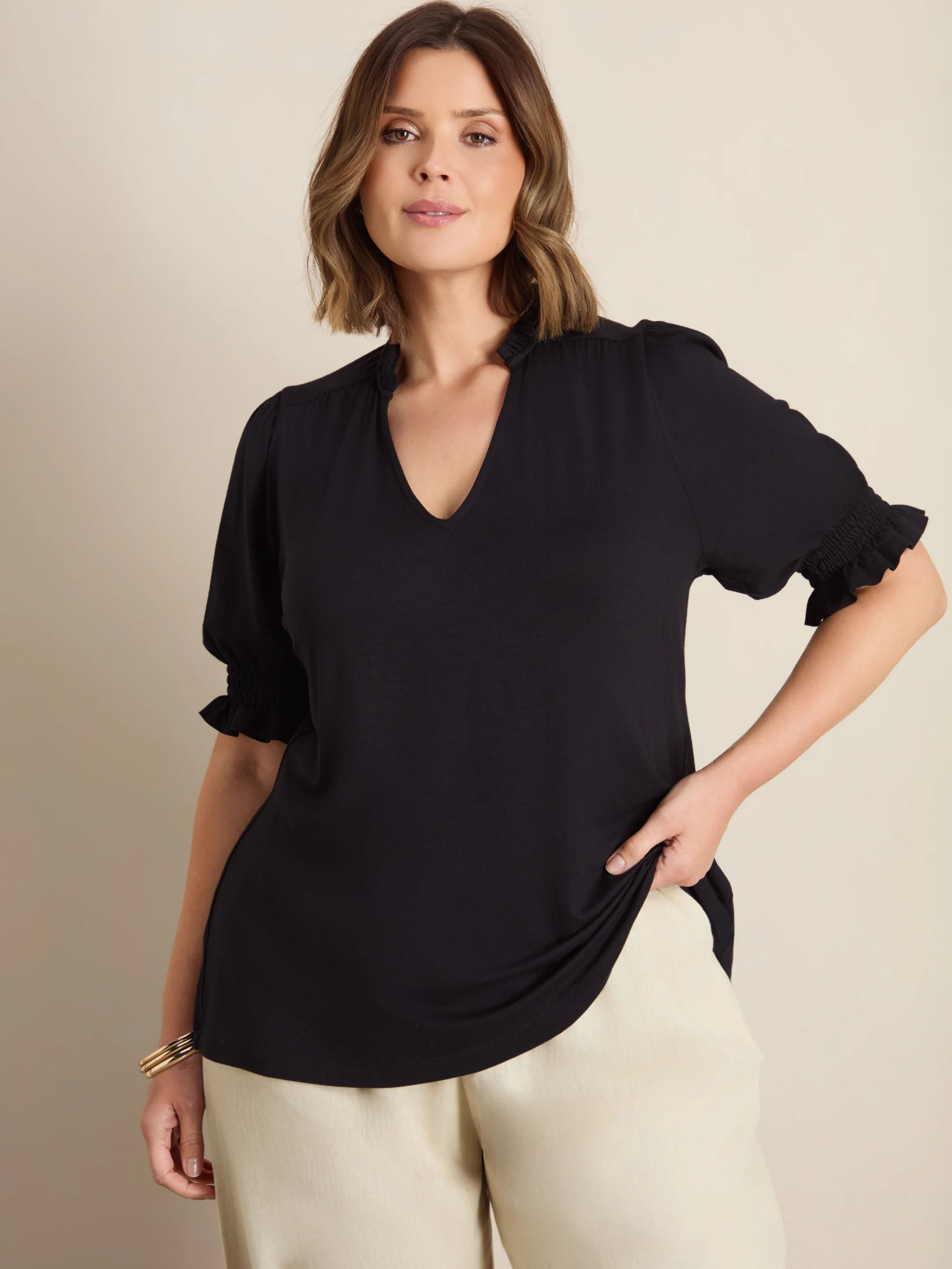 Black Jersey Shirred Sleeve V-Neck Top