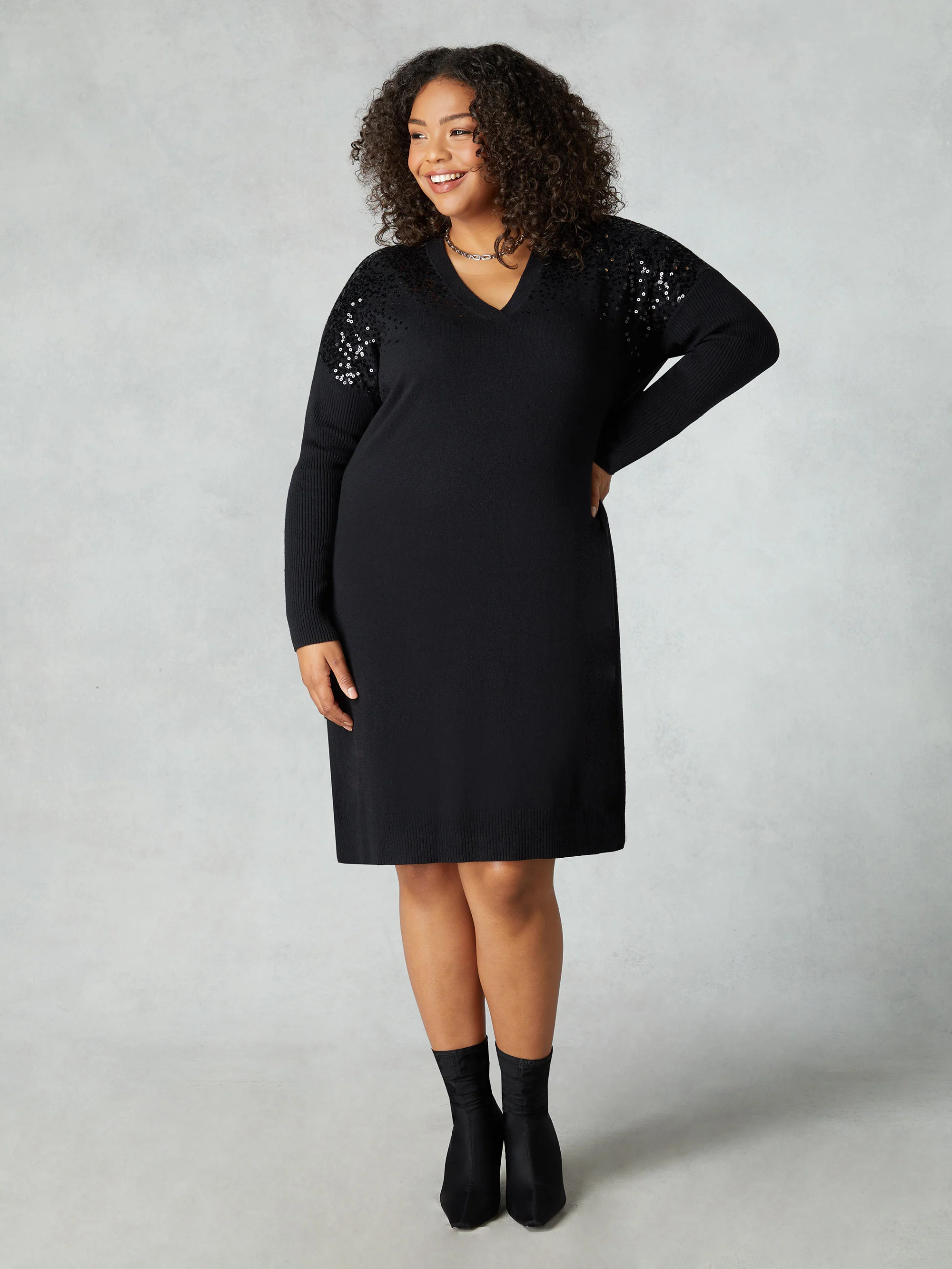 Black Knitted Sequin V-Neck Dress