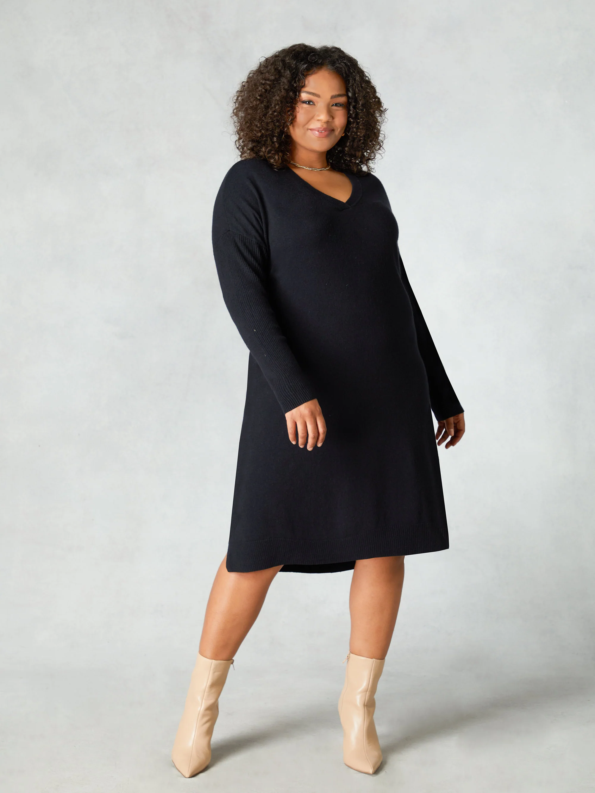 Black Fine Knit V-Neck Dress
