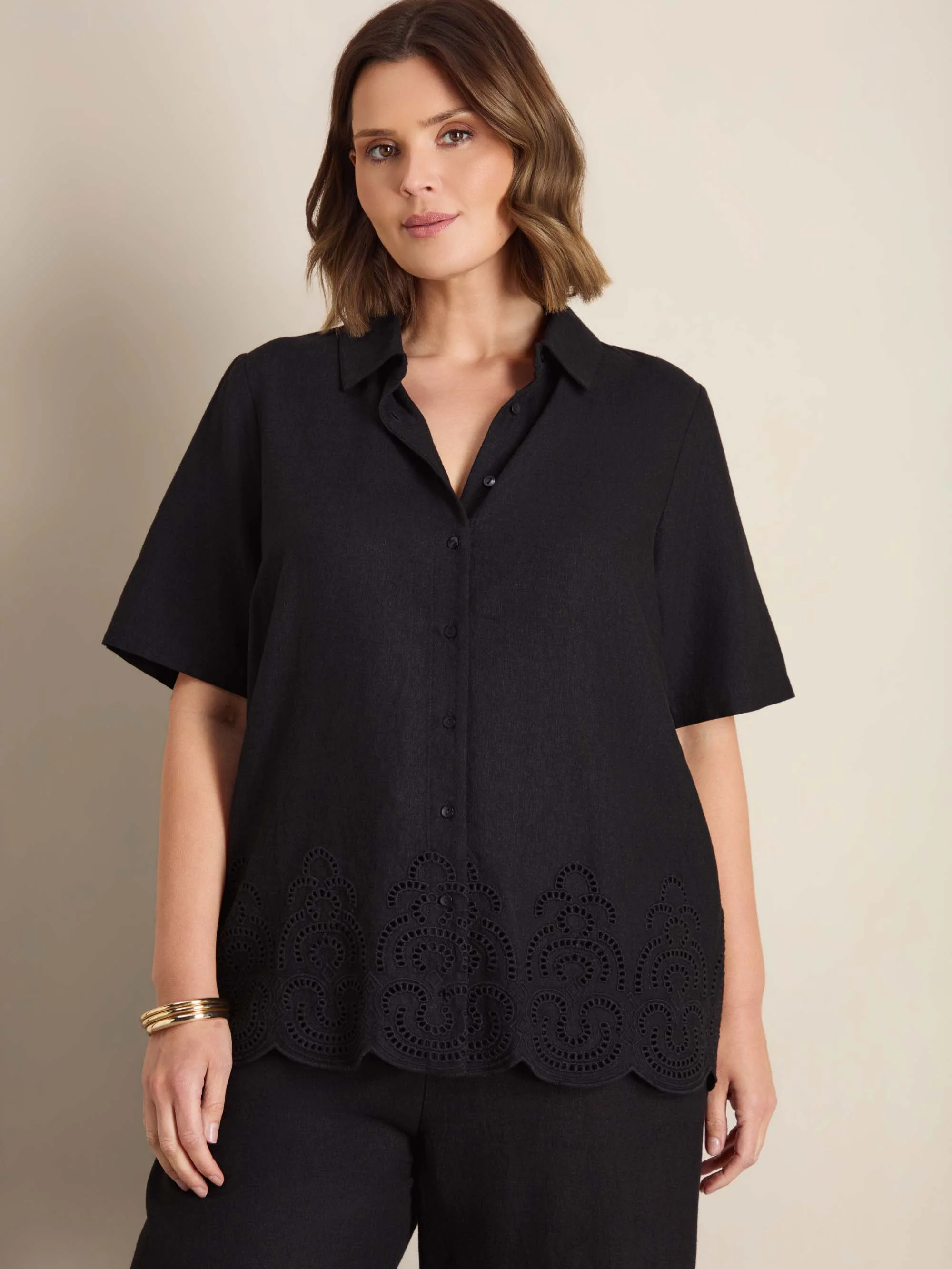 Black Linen Blend Broderie Shirt - Image 3