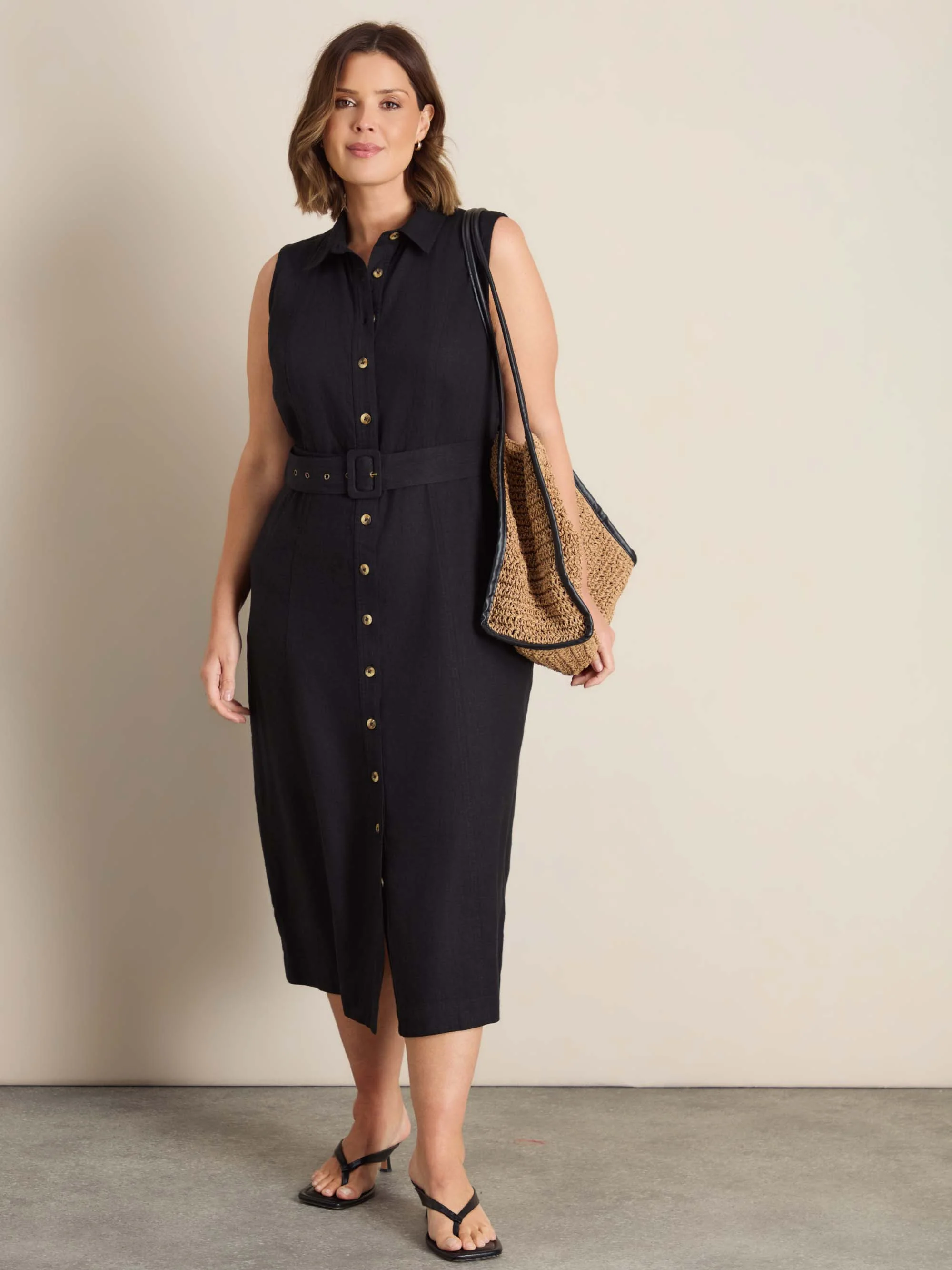 Black Linen Blend Belted Midi Shirt Dress