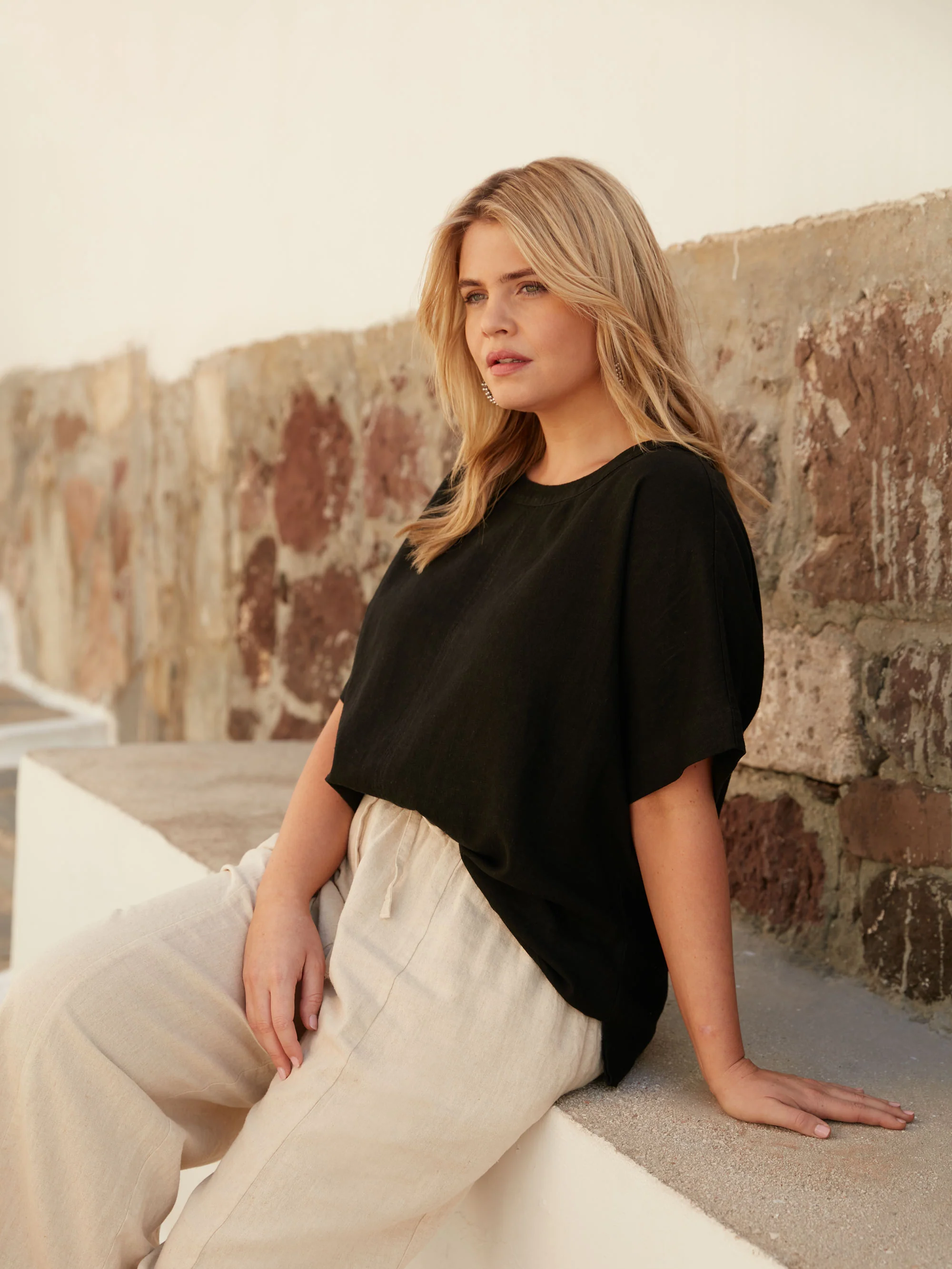 Black Linen Blend Round Neck Top