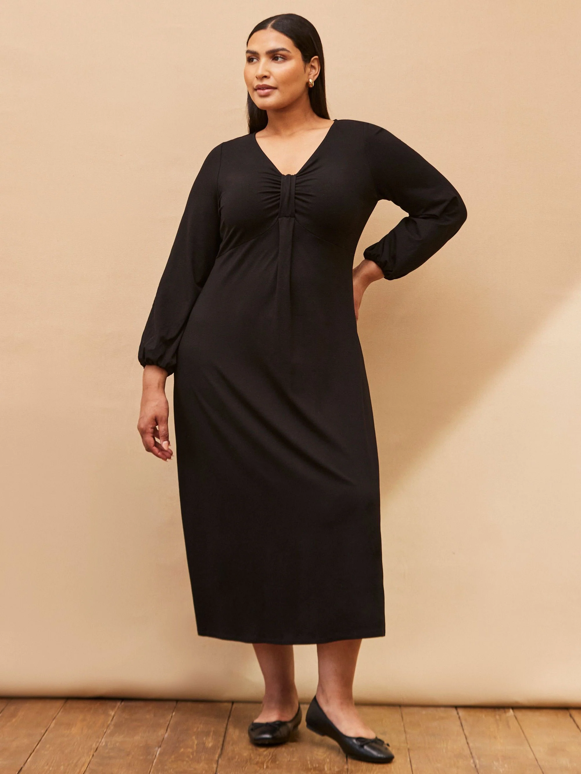 Black Jersey Pleat Front Midi Dress - Image 2