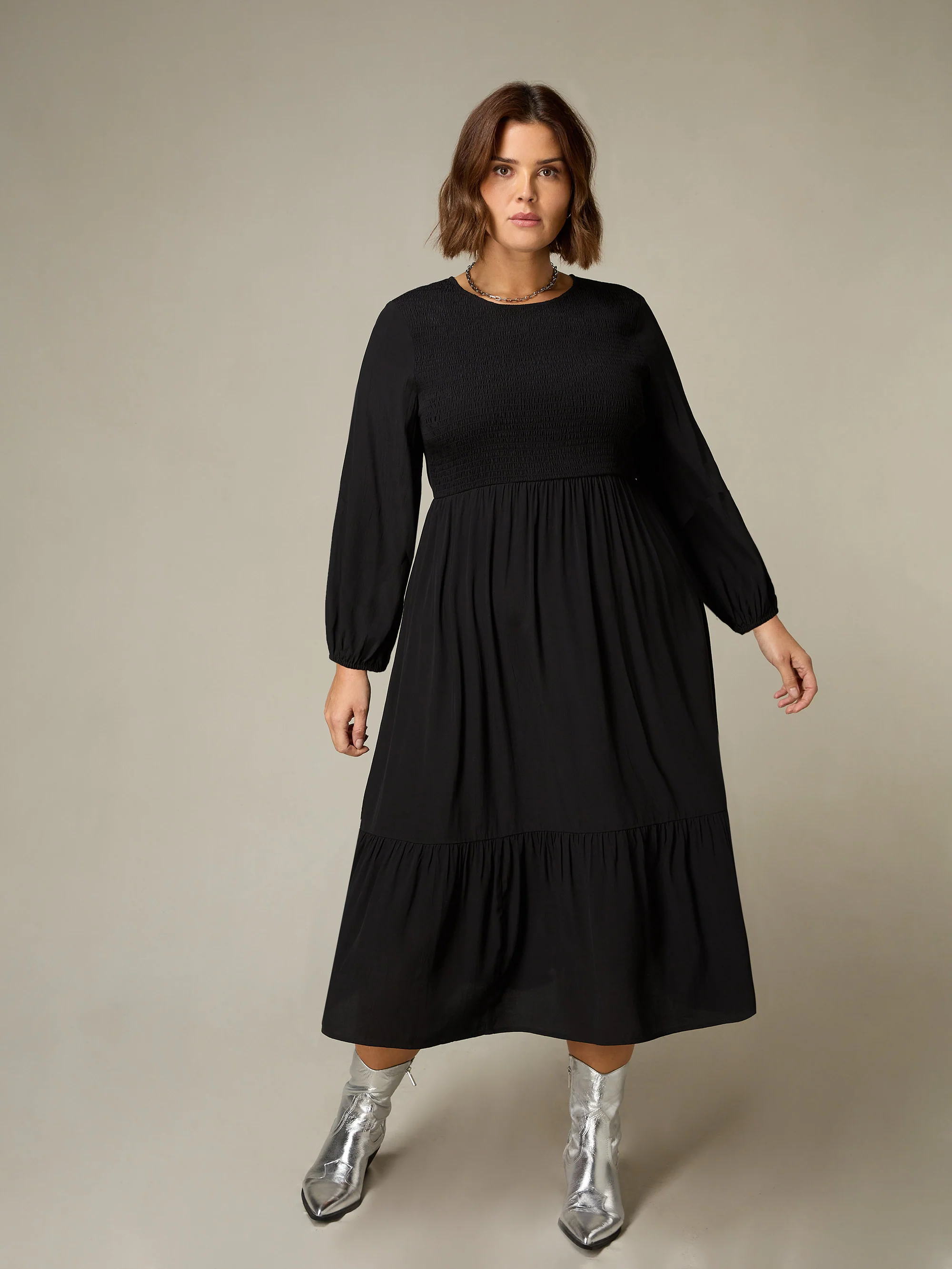 Black Shirred Front Midi Dress