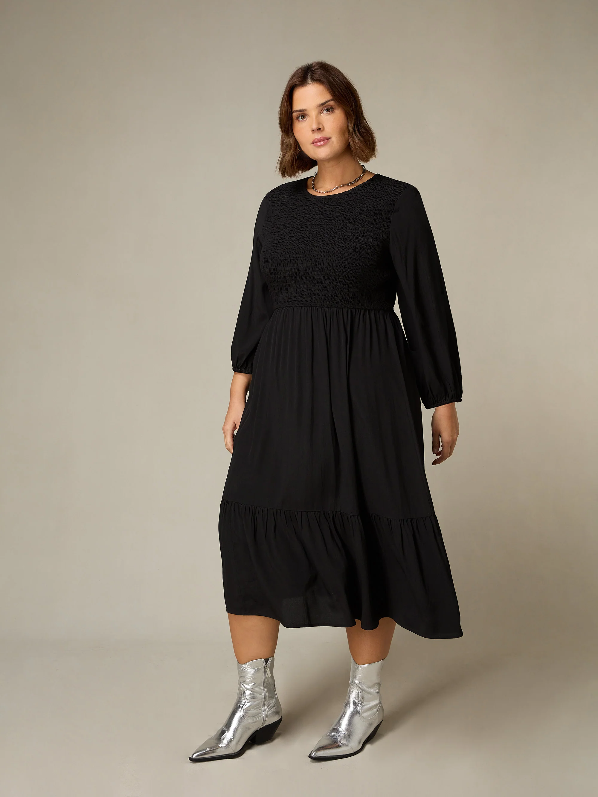 Black Shirred Front Midi Dress - Image 2
