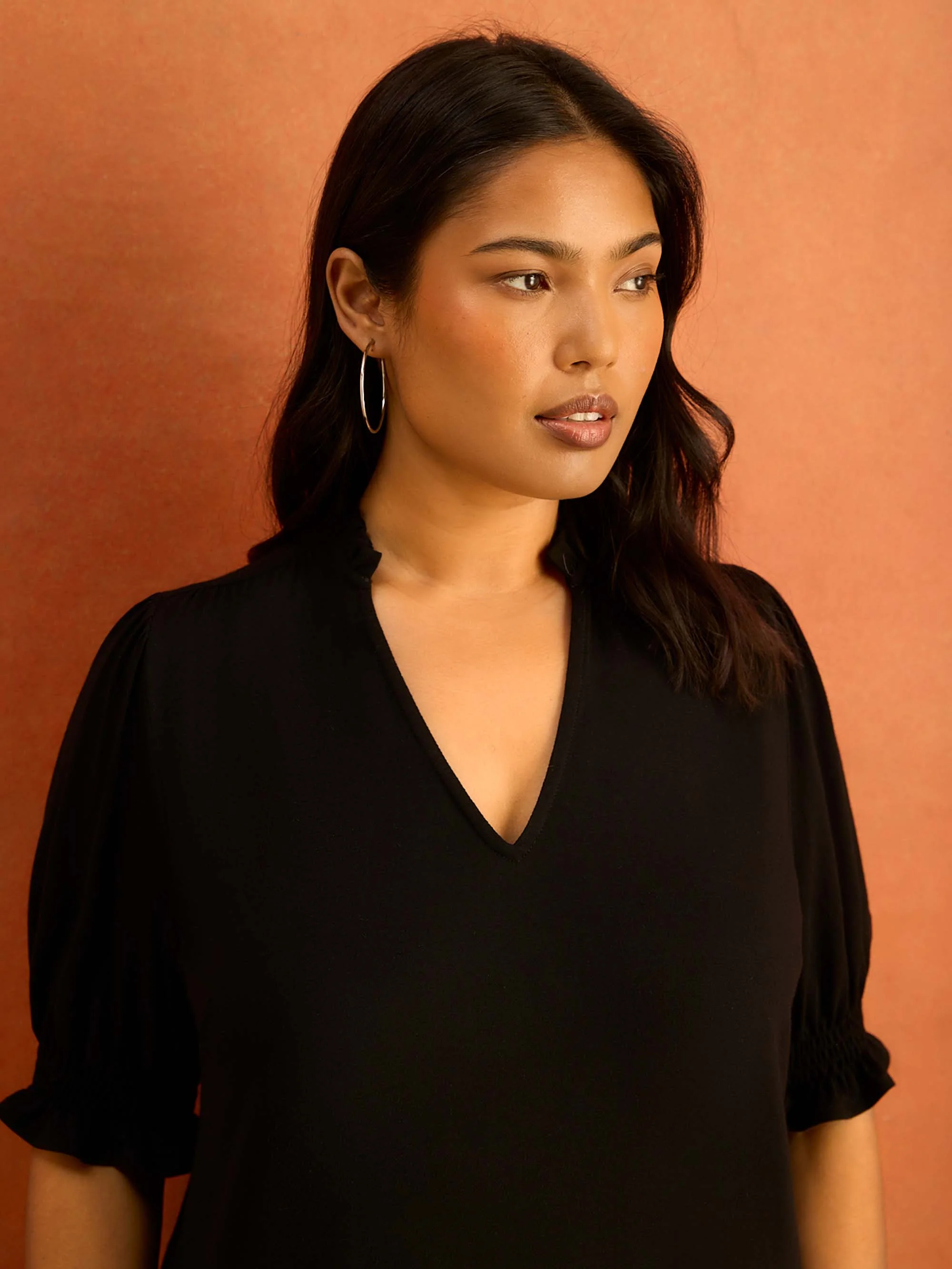 Black Jersey Shirred Sleeve V-Neck Top - Image 2