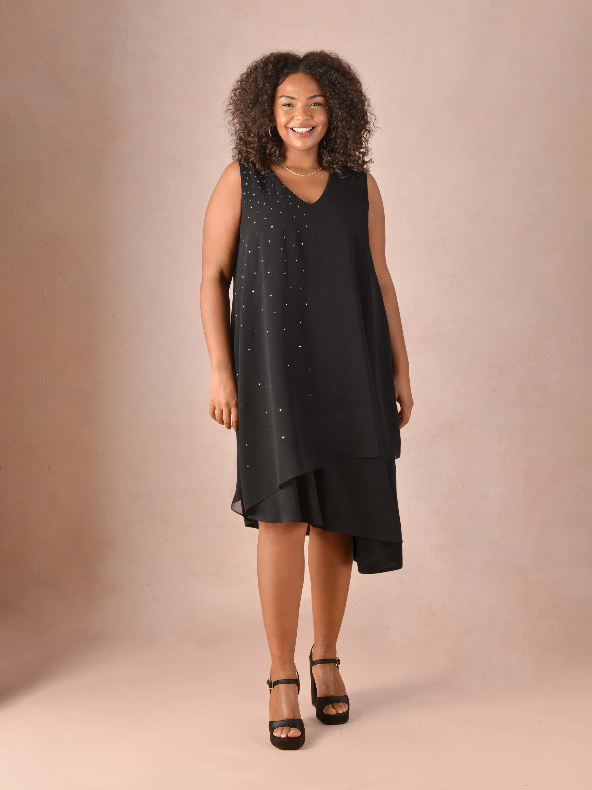 Black Sparkle Stud Asymmetric Layered Dress