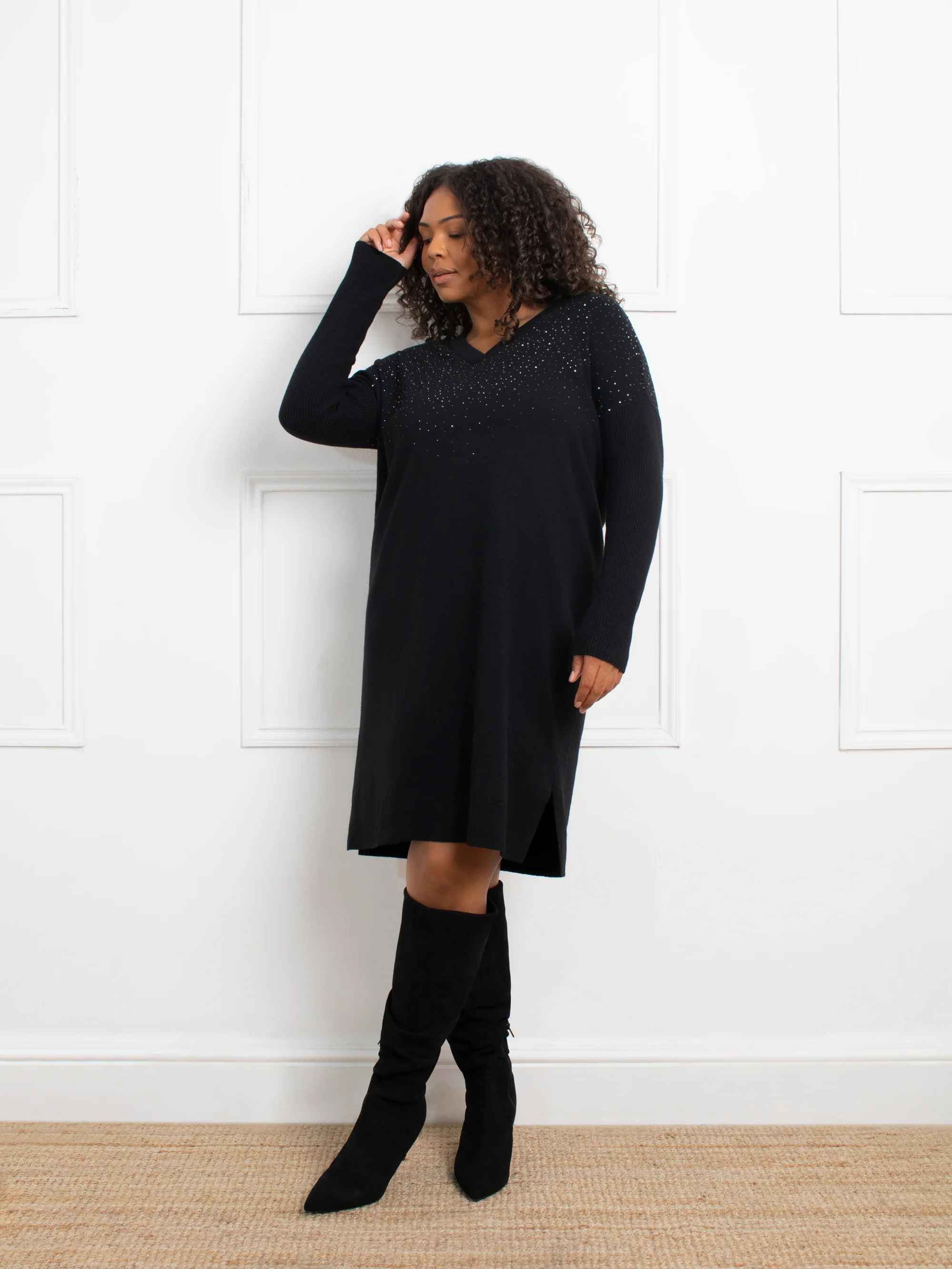 Black Sparkle V-Neck Jumper Dress