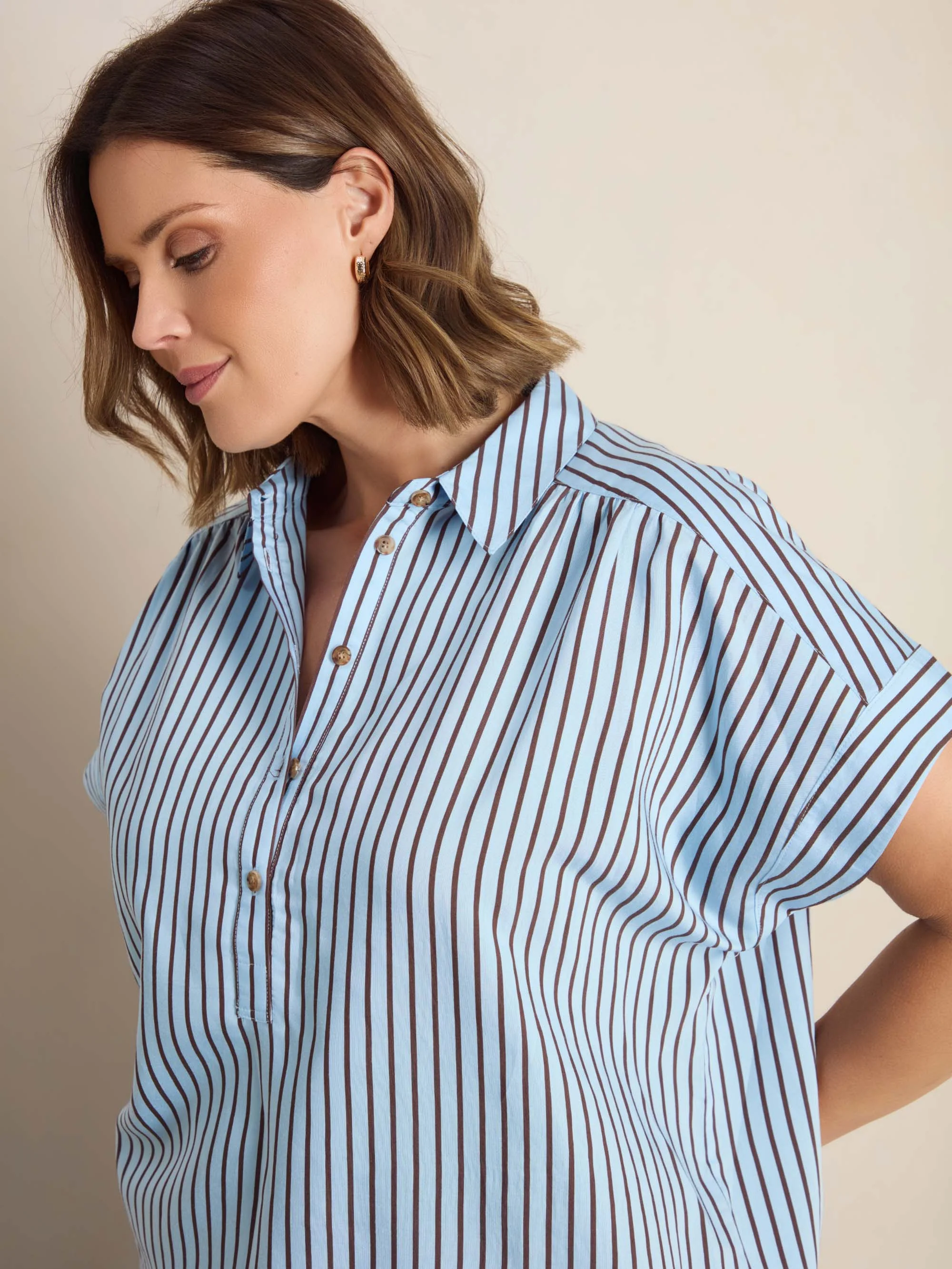 Blue And Chocolate Stripe Short Sleeve Shirt - Image 2
