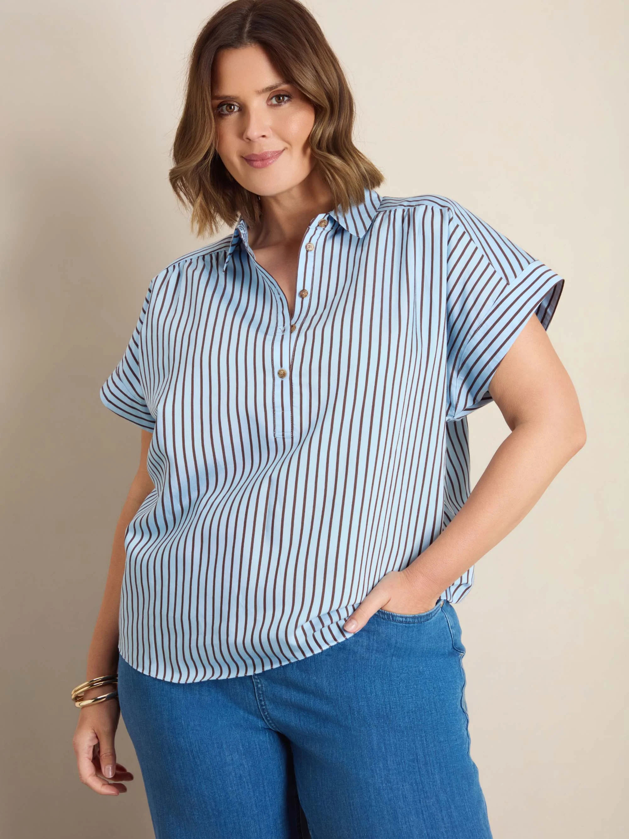 Blue And Chocolate Stripe Short Sleeve Shirt - Image 5