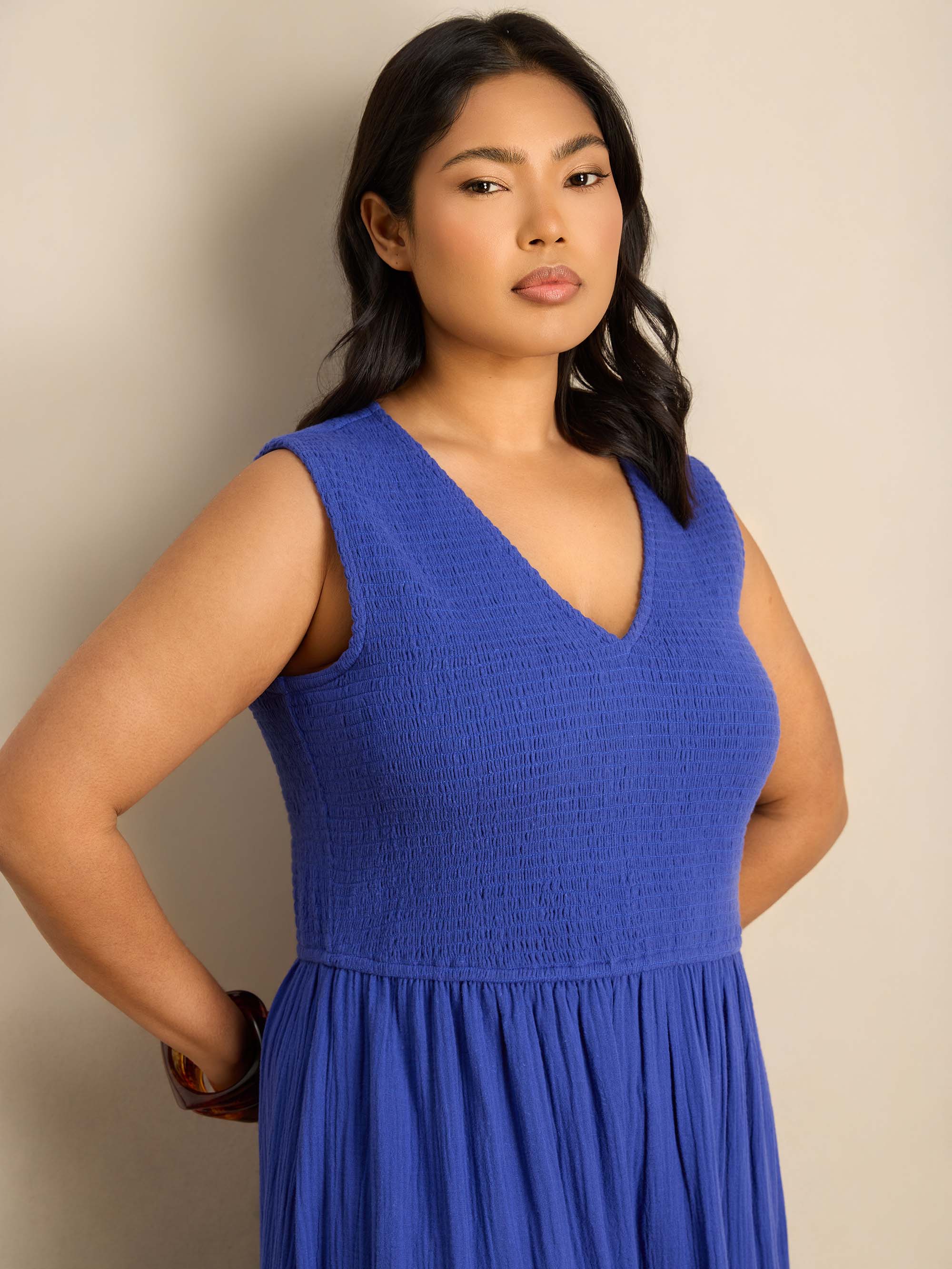 Blue Cheesecloth Shirred Bodice Broderie Hem Maxi Dress - Image 2