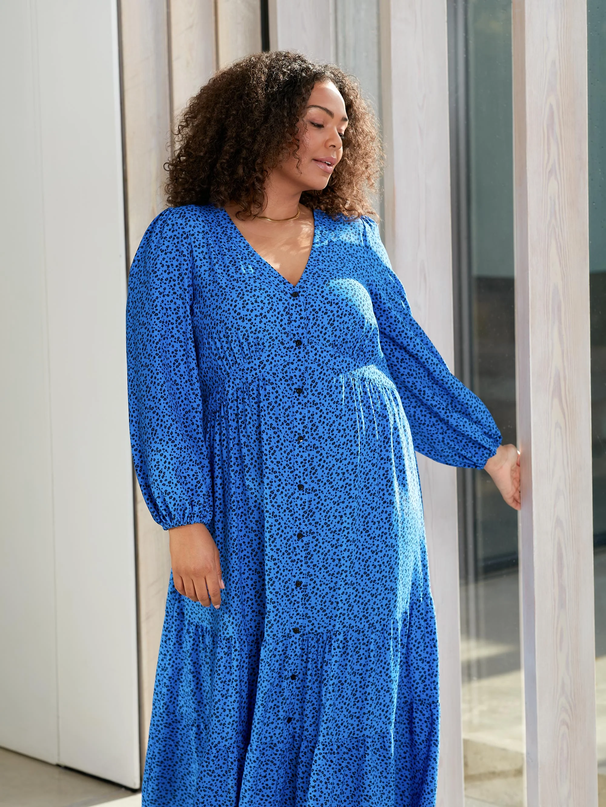 Blue Ditsy Button Front Midaxi Dress - Image 2