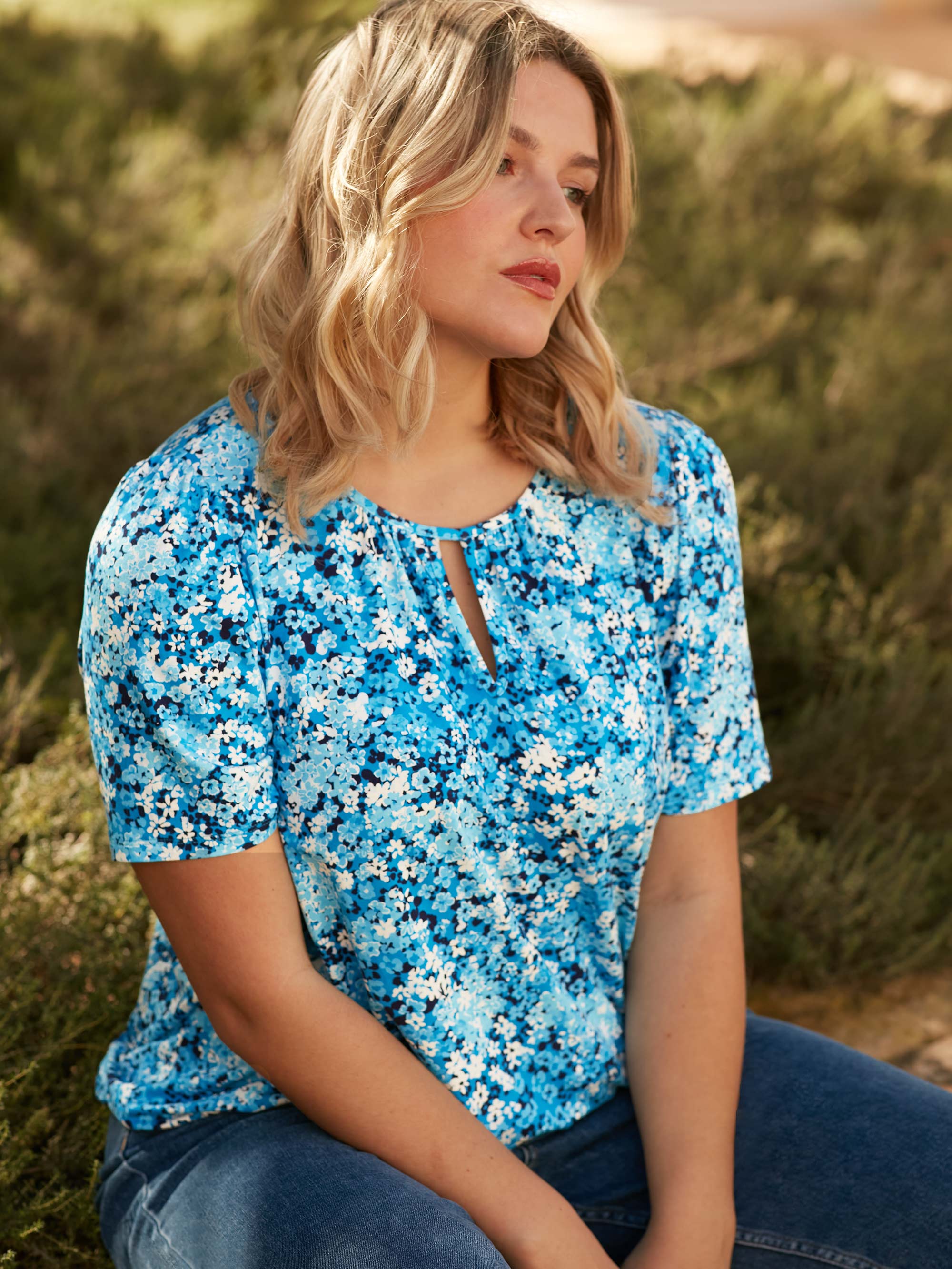 Blue Floral Jersey Keyhole Top