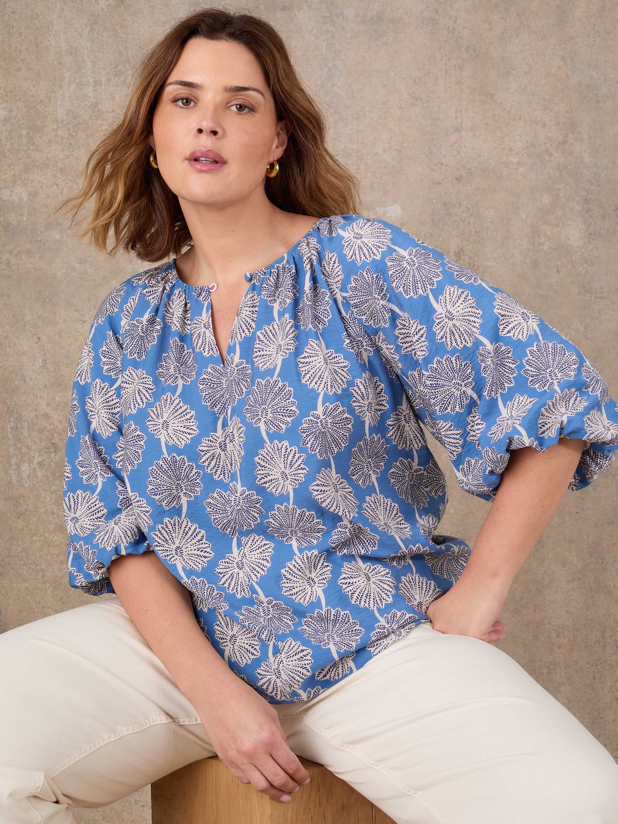 Blue Floral Print Raglan Puff Sleeve Blouse