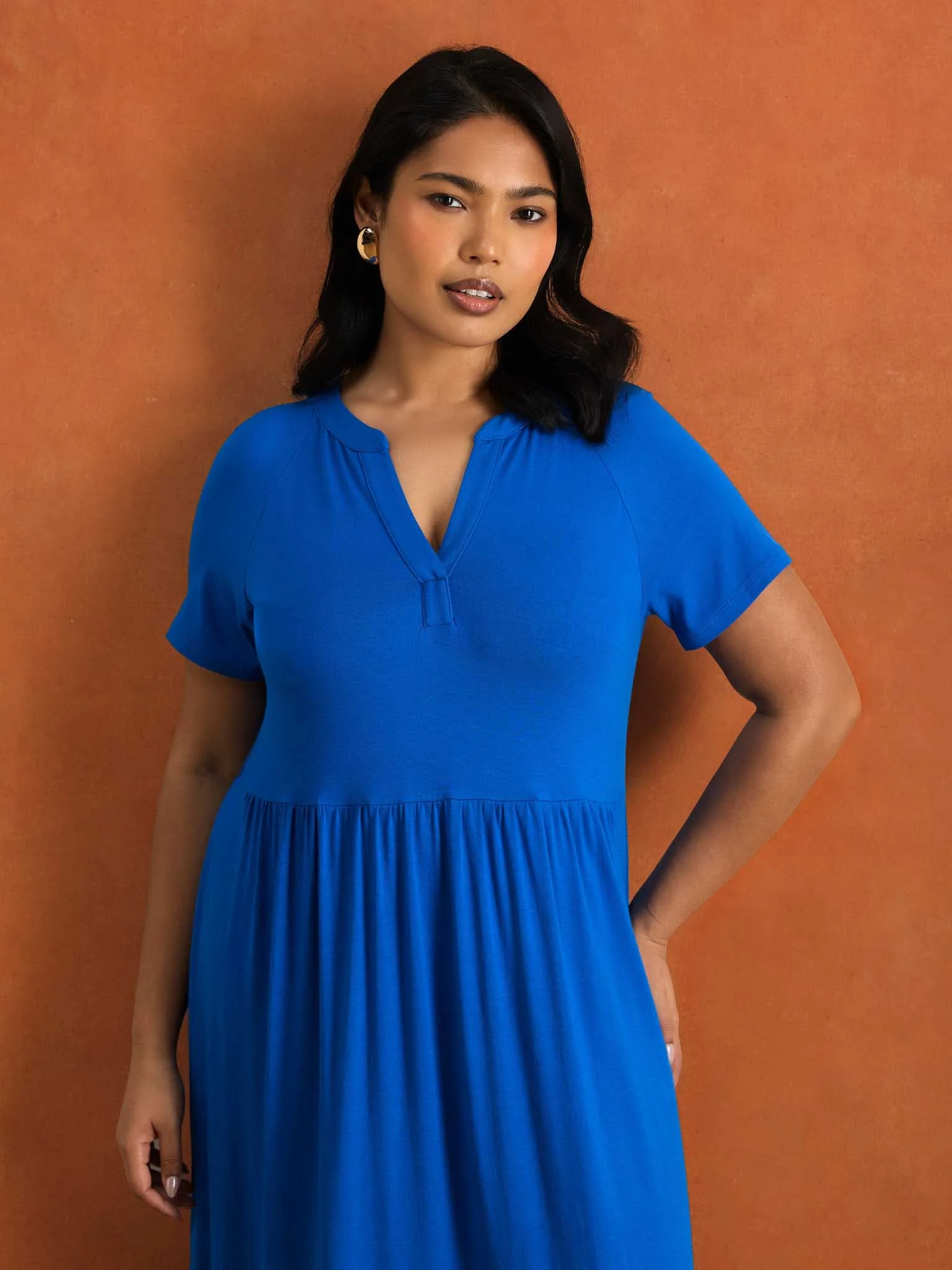 Blue Nehru Collar Tiered Jersey Maxi Dress - Image 2