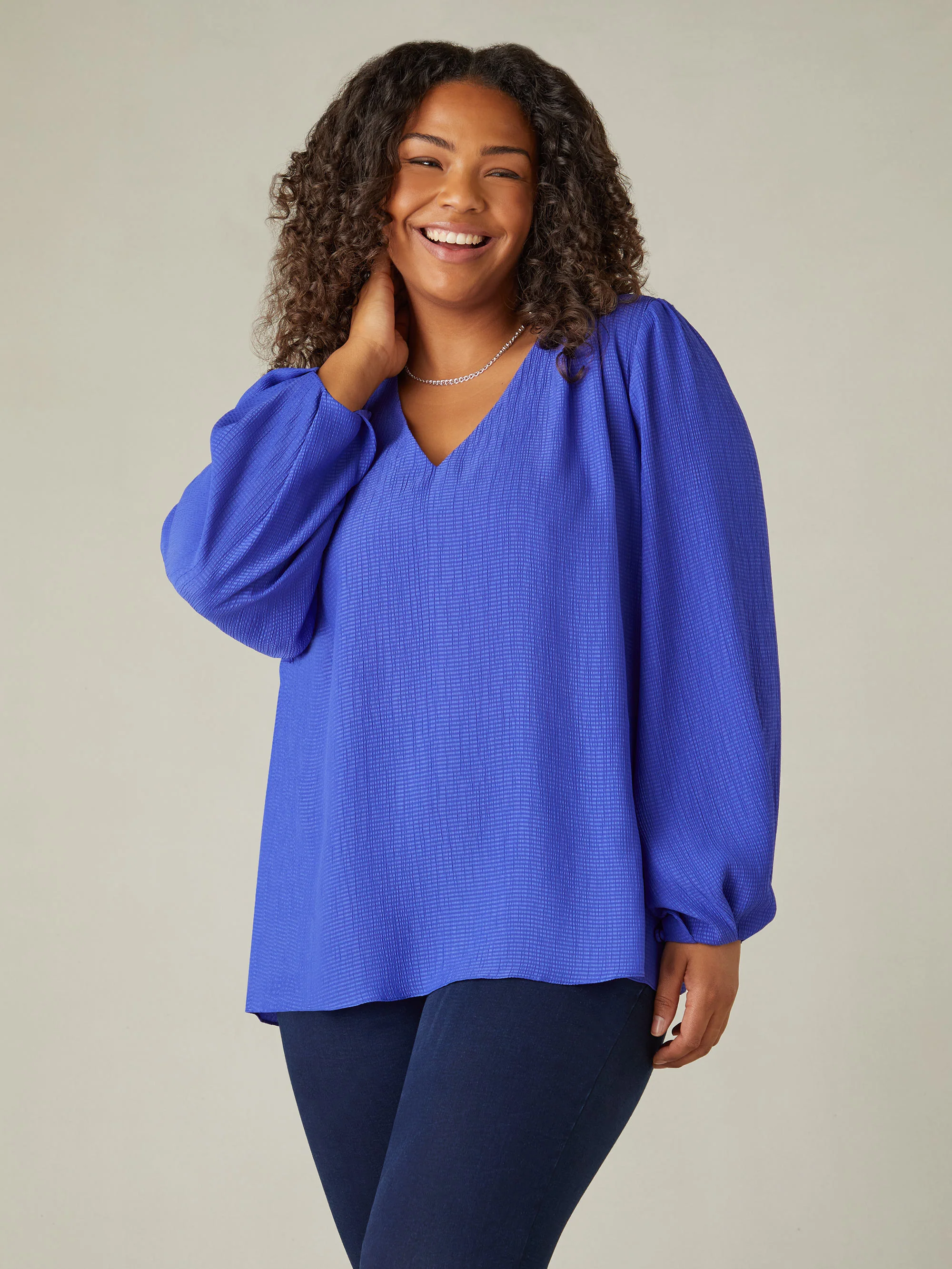 Blue Textured V-Neck Blouse