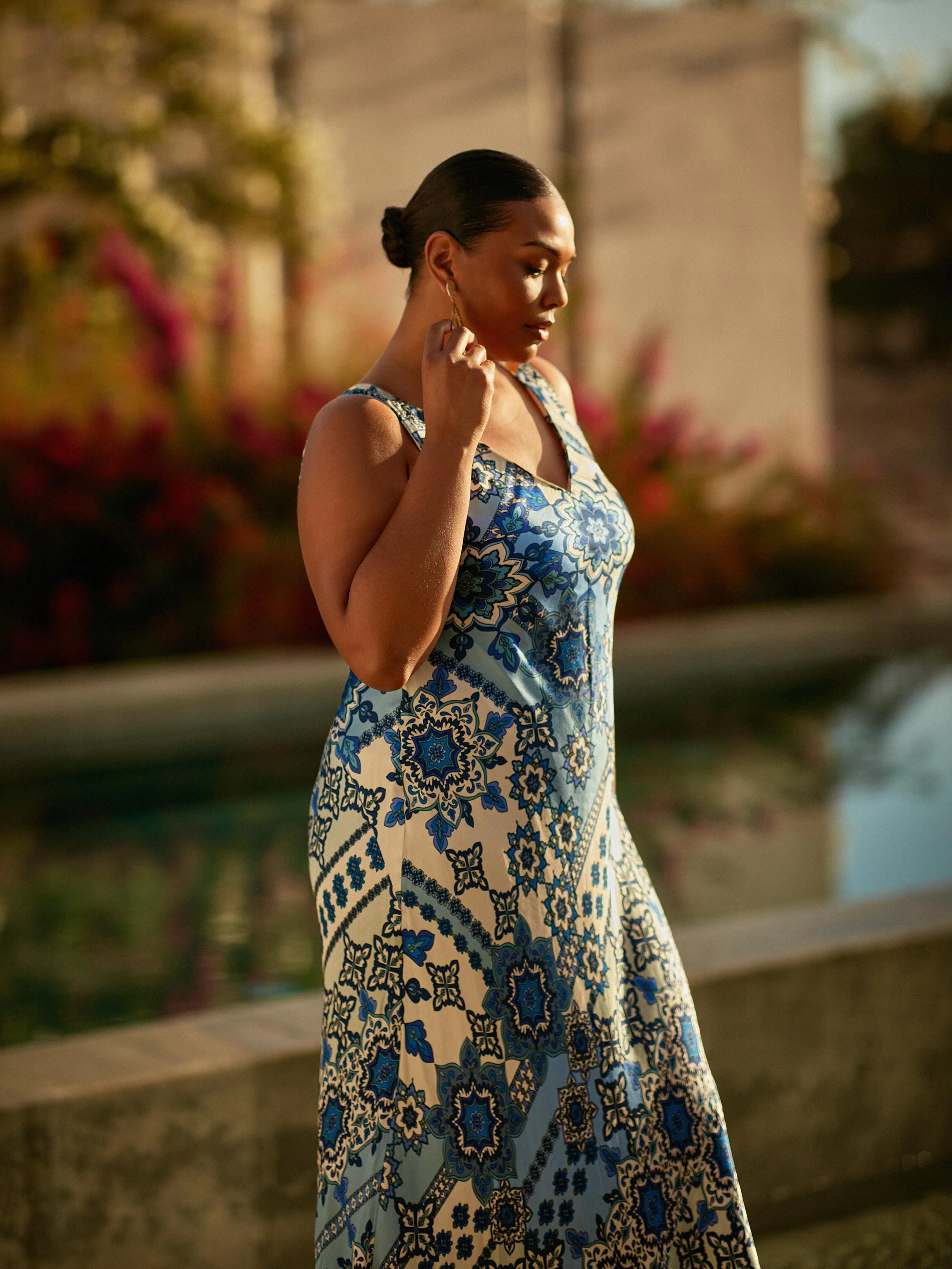 Blue Tile Print Bias Slip Dress