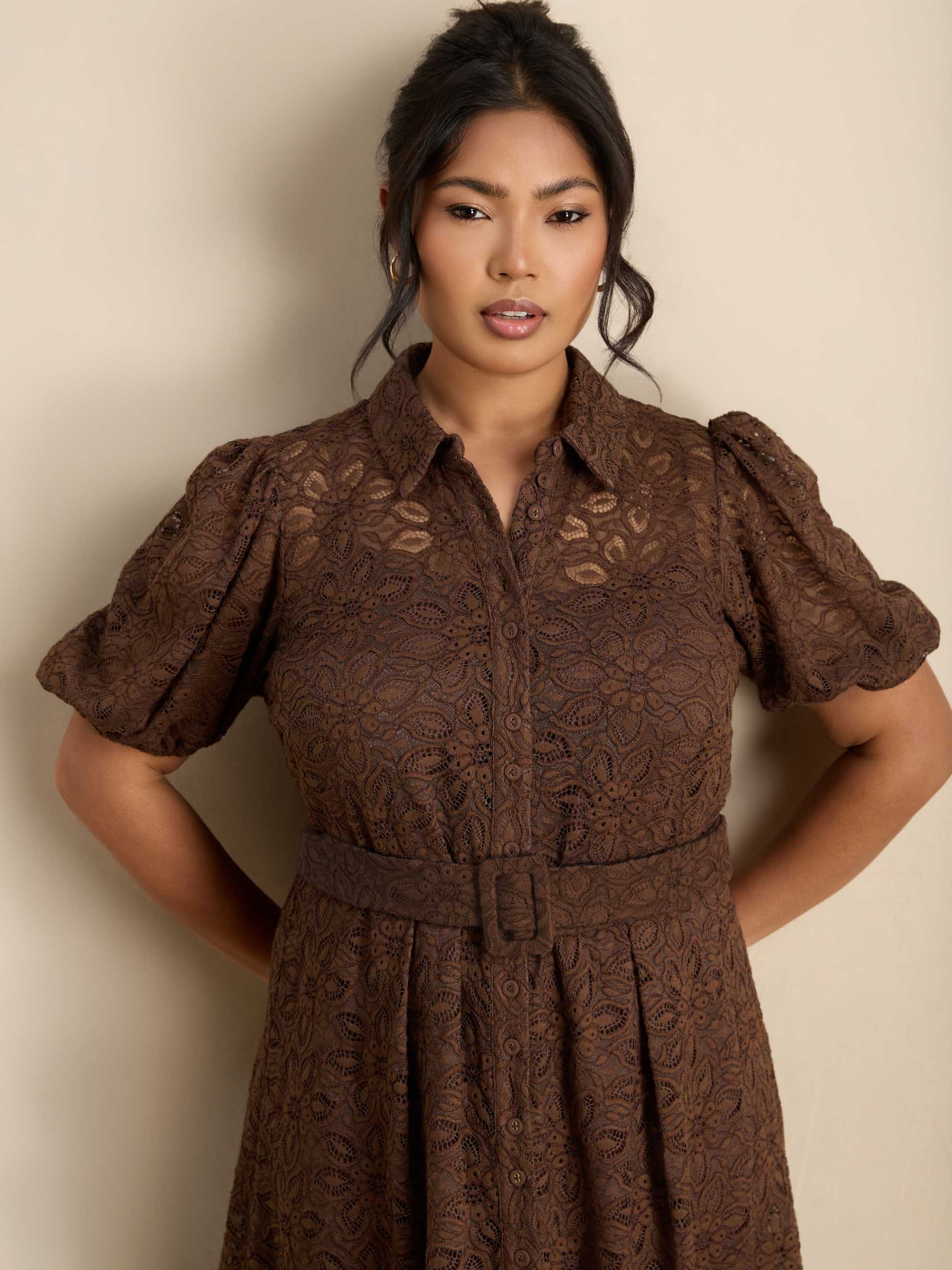 Brown Puff Sleeve Button Through Belted Lace Dress - Image 2