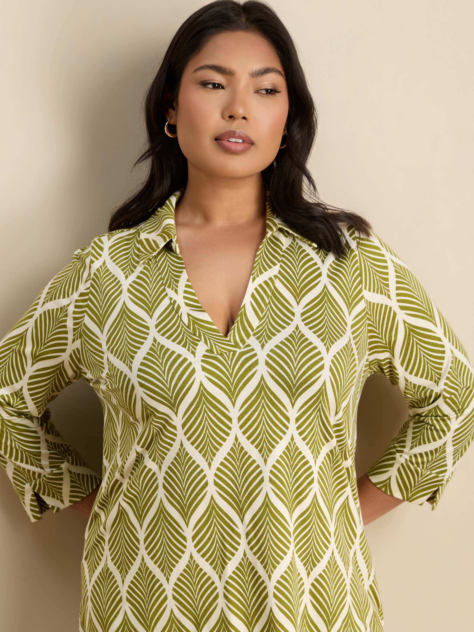 Chartreuse Print 3/4 Sleeve Collared V-Neck Jersey Top