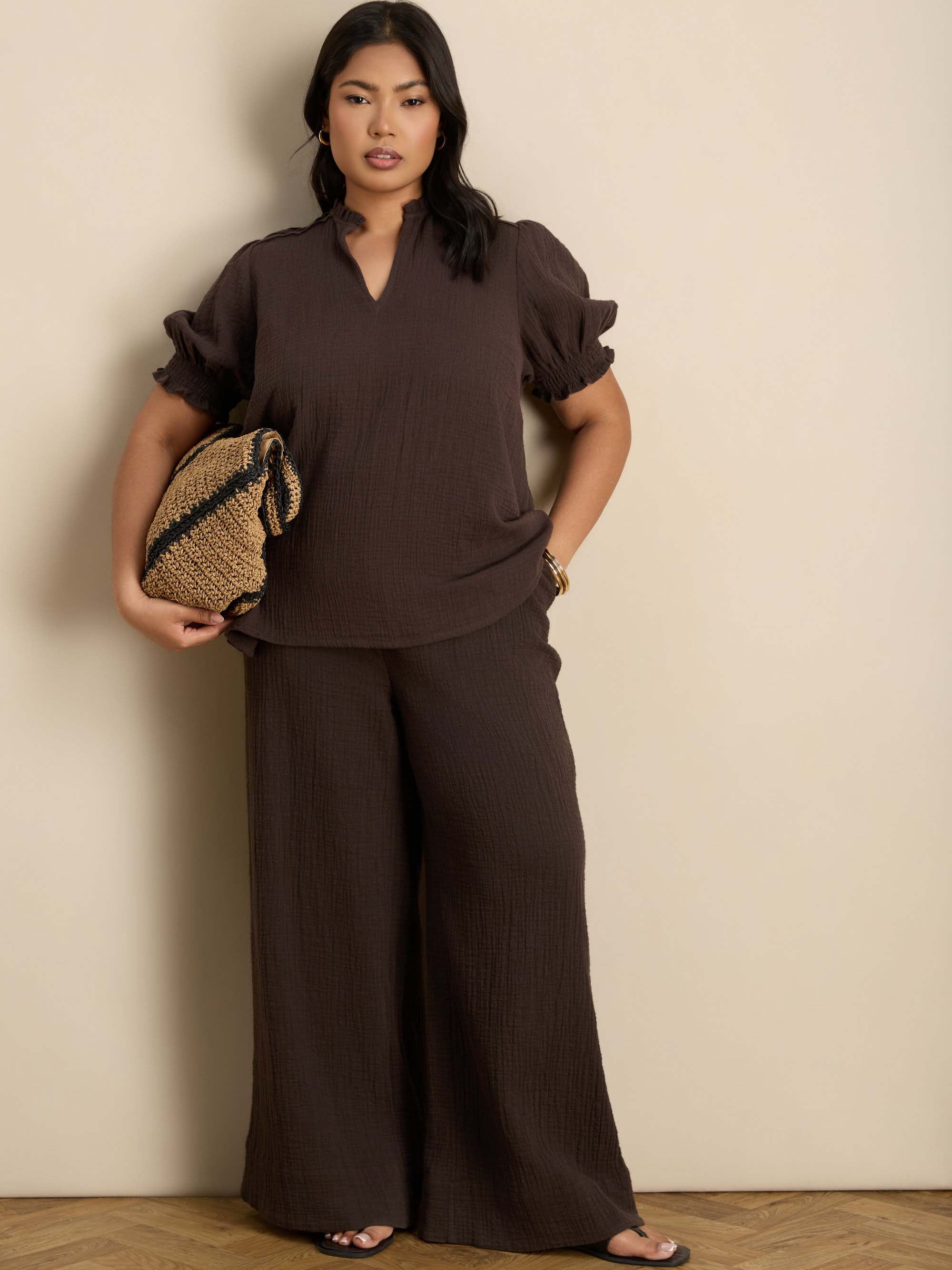 Chocolate Cheesecloth Wide Leg Trouser