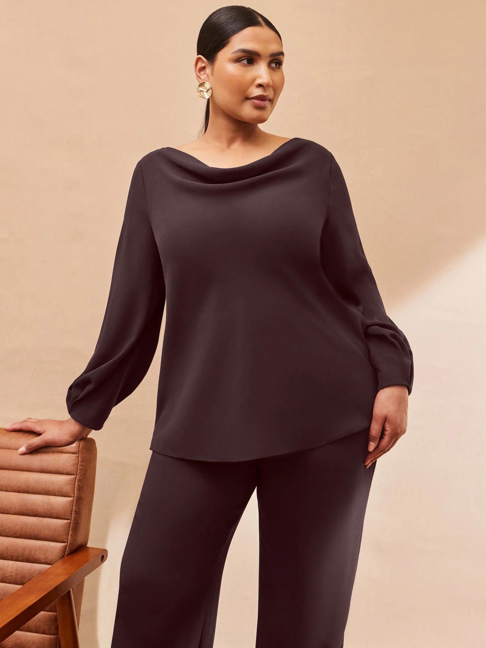 Chocolate Cowl Neck Blouson Sleeve Blouse - Image 2