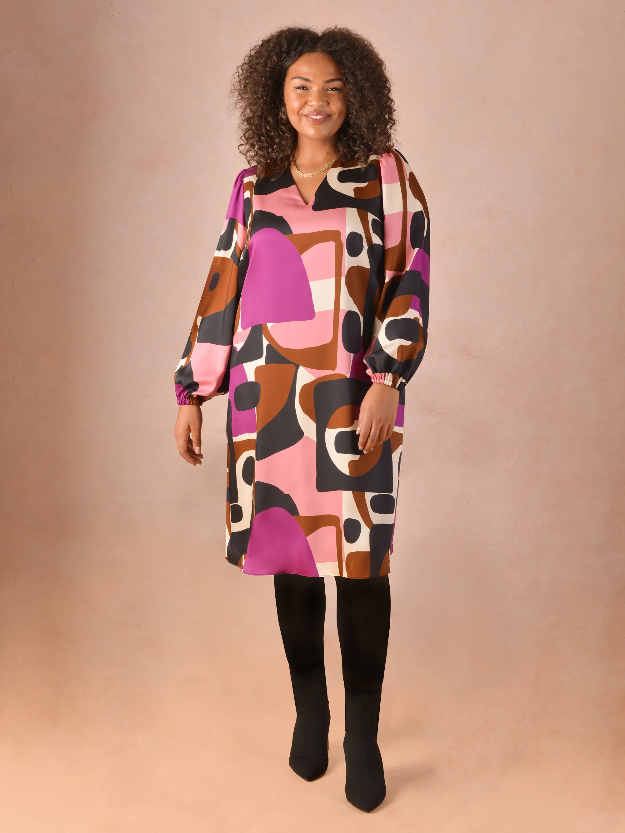 Colour Block Print V-Neck Chuck on Dress