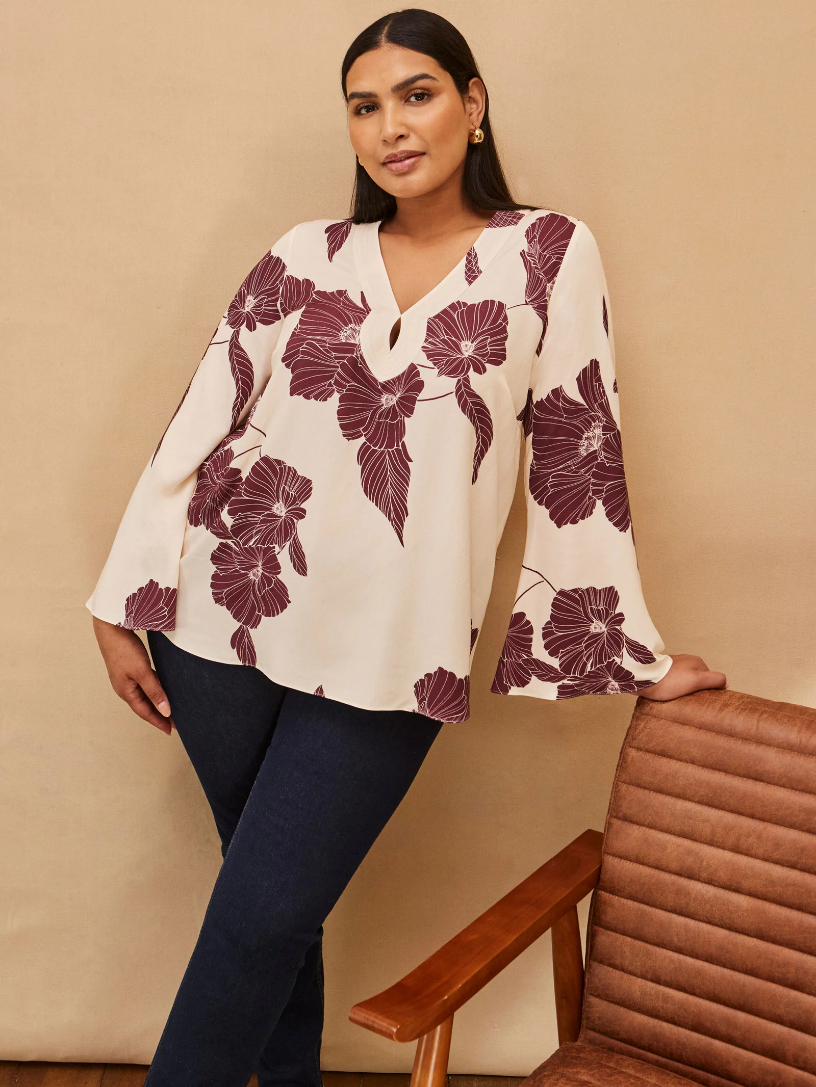 Burgundy Floral Print Keyhole Blouse