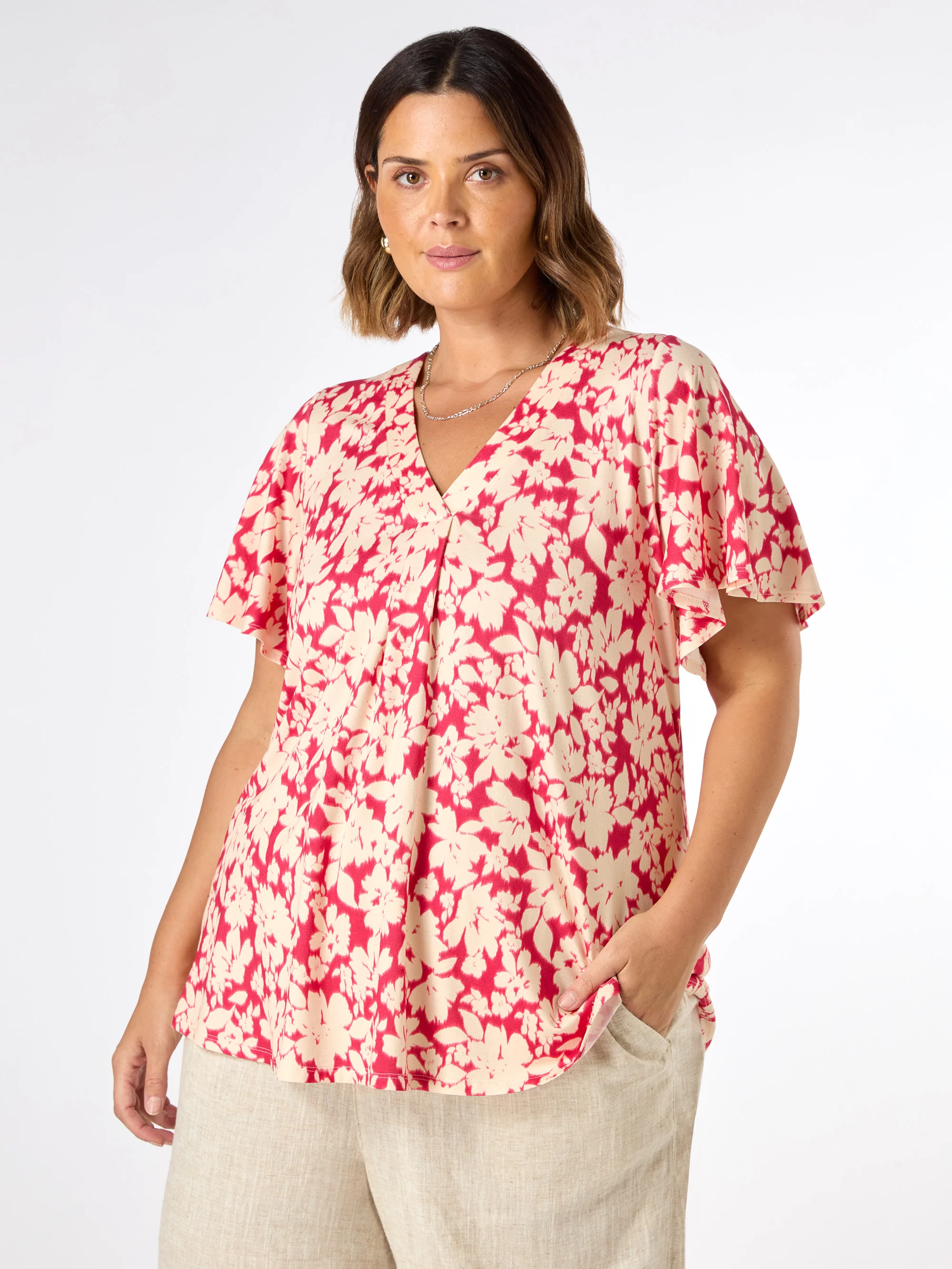 Raspberry Floral Print Jersey Pleat Front Top