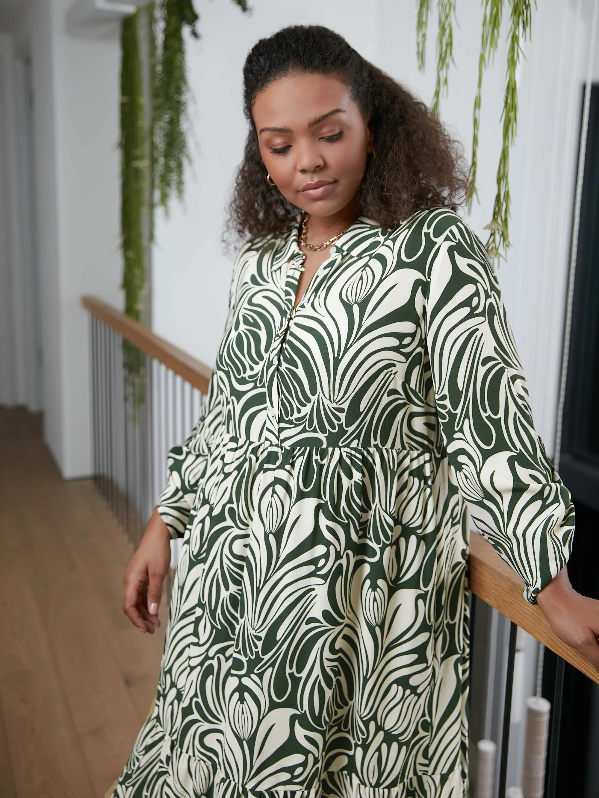 Green Abstract Print Button Through Shirt Dress