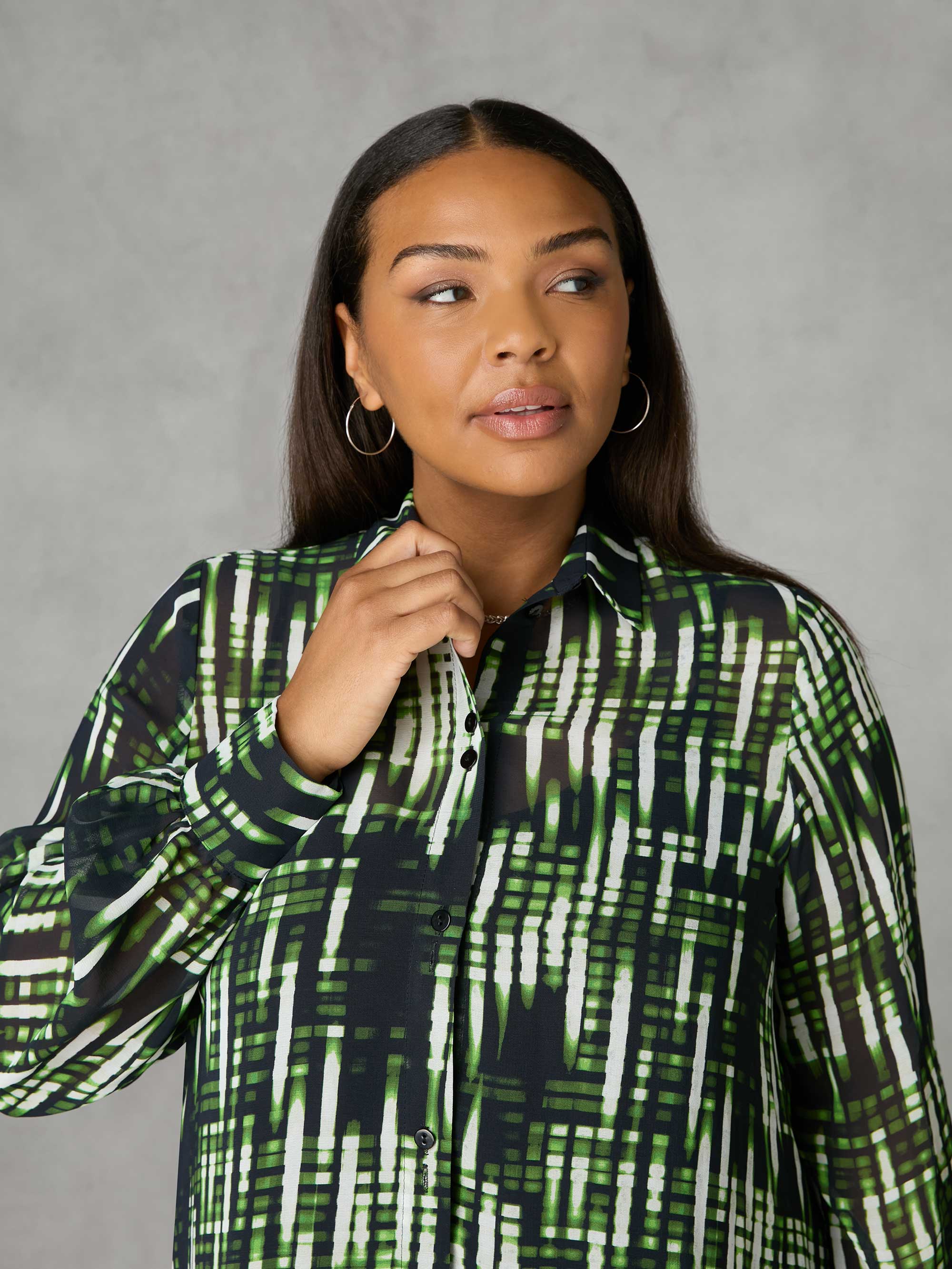 Green Blurred Print Button Through Hanky Hem Shirt - Image 2