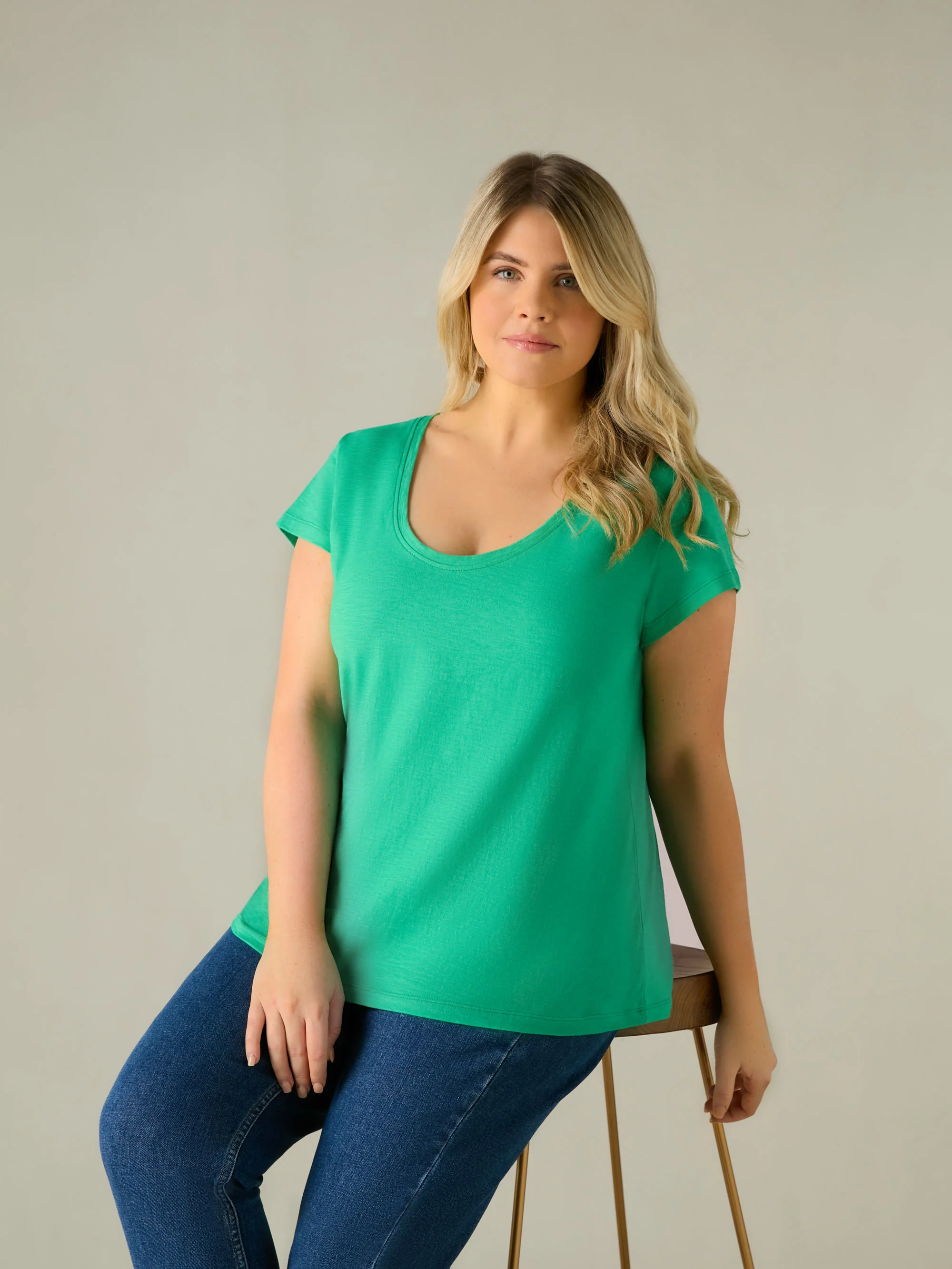Green Cotton Slub Scoop Neck T-Shirt