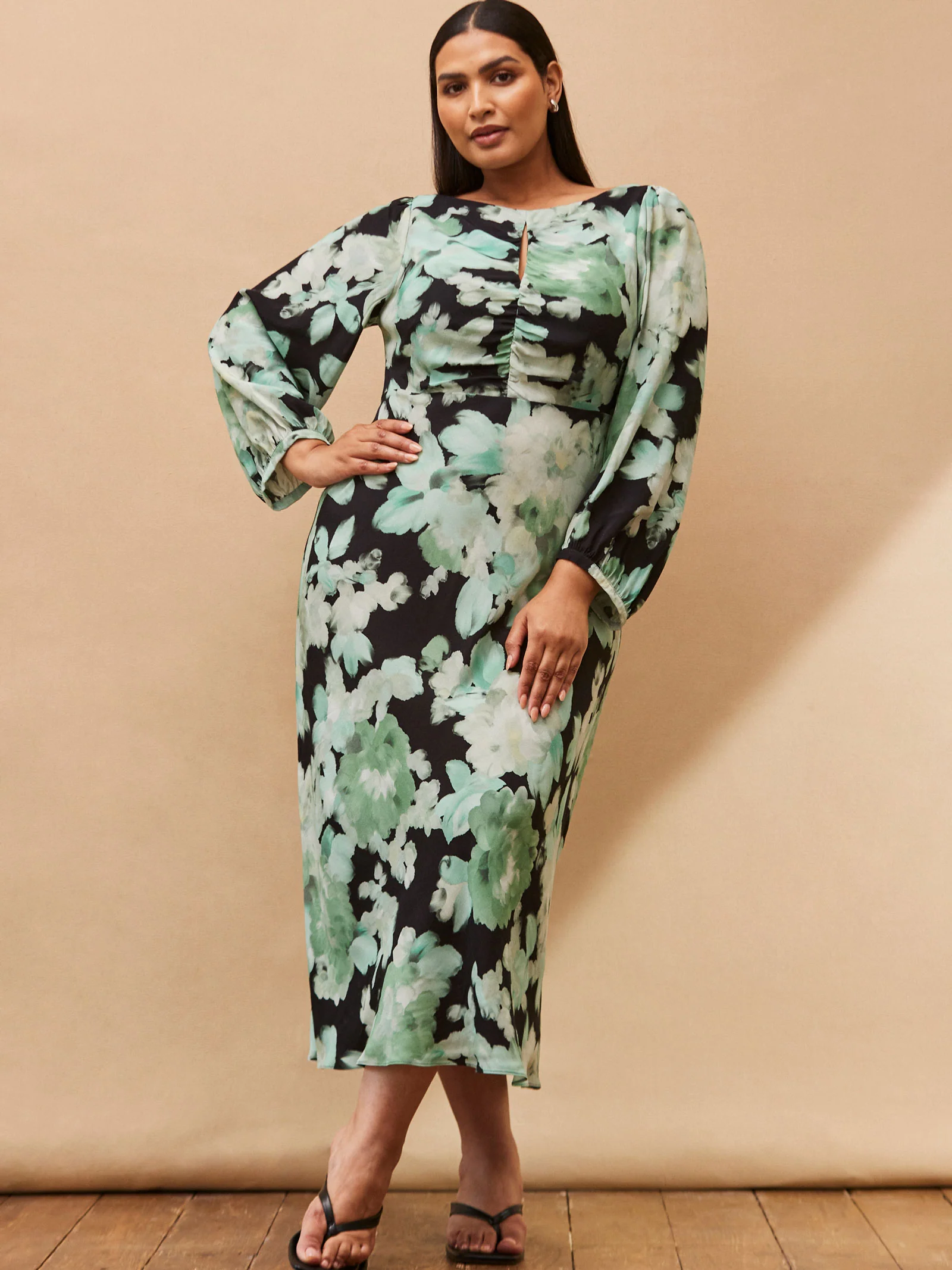 Green Floral Print Ruched Maxi Dress