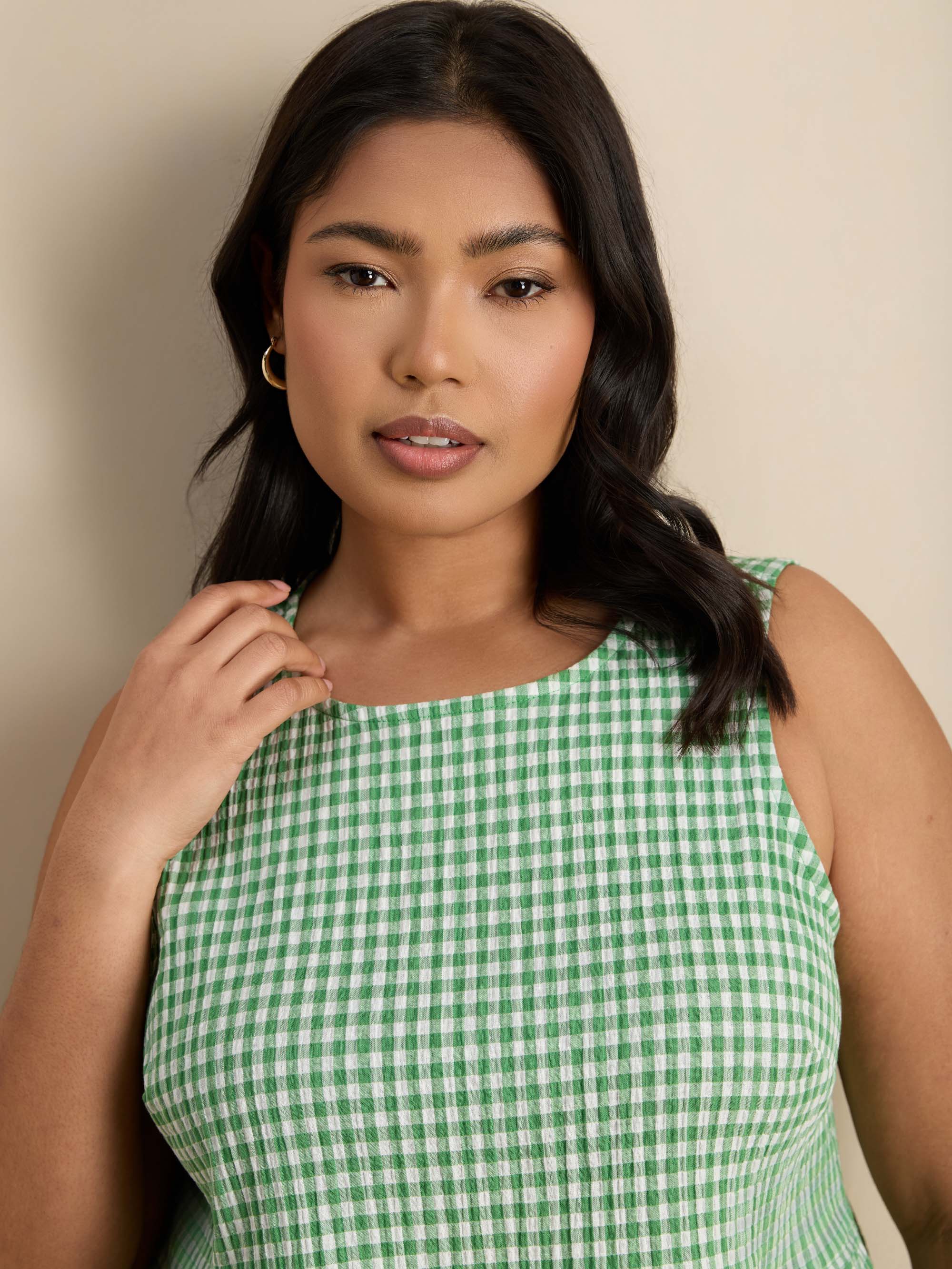Green Gingham Cotton Peplum Top - Image 6
