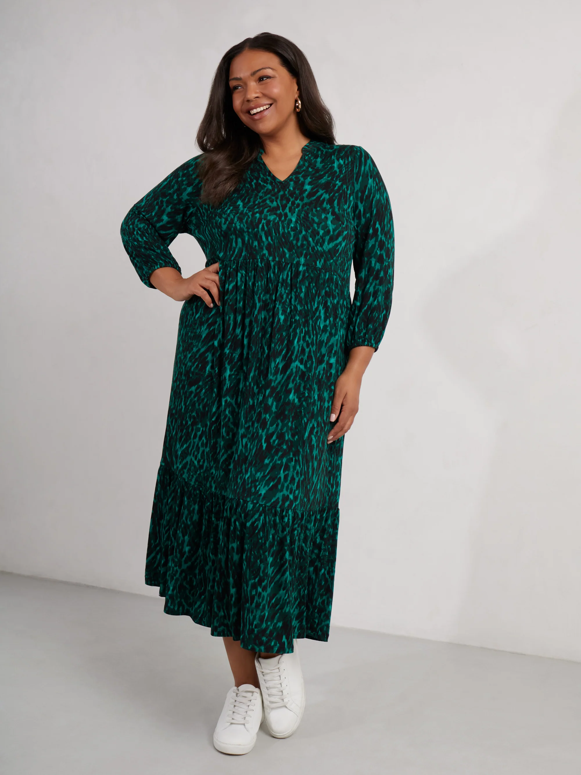 Green Leopard Jersey Nehru Collar Midi Dress - Image 4