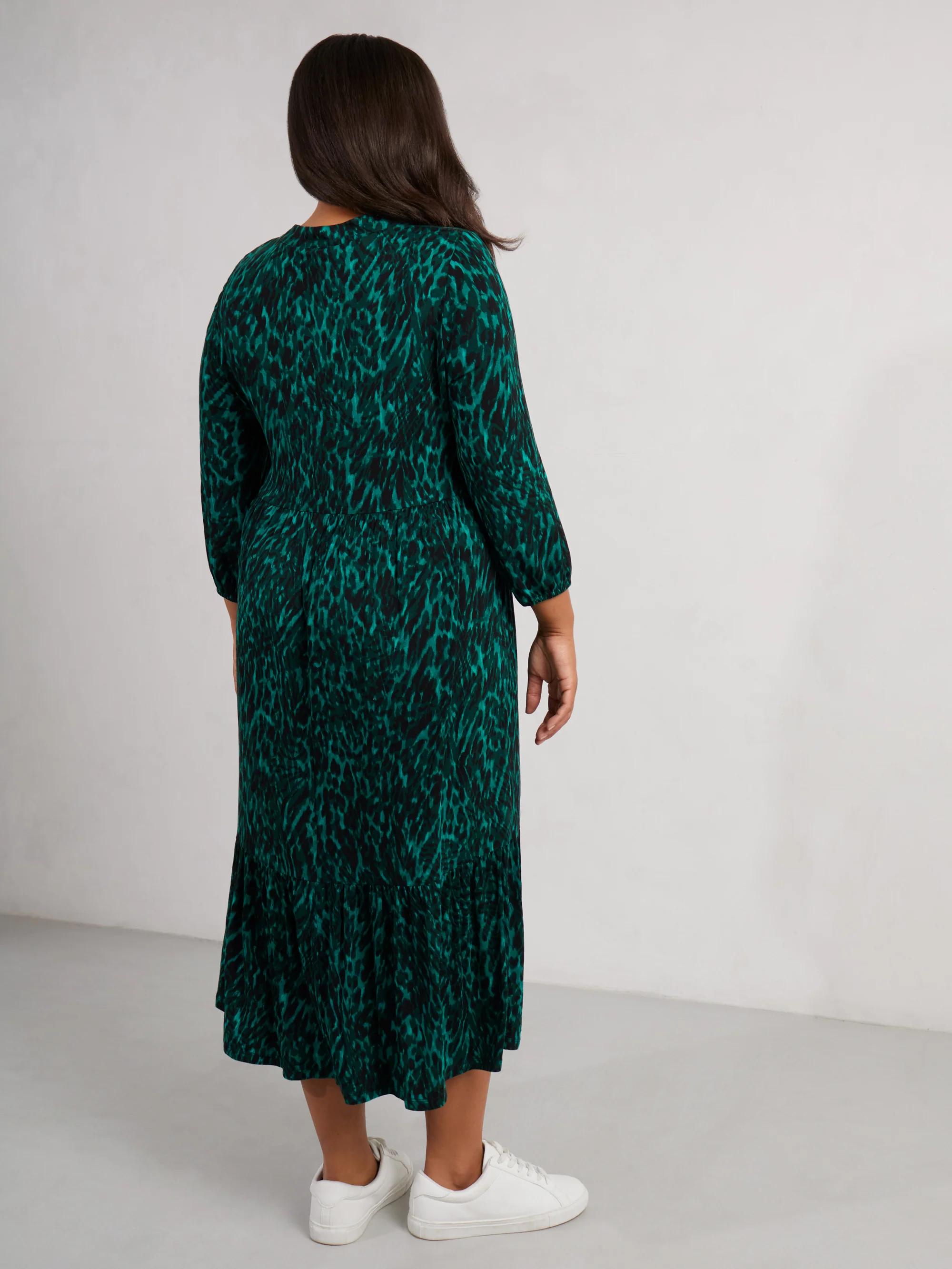 Green Leopard Jersey Nehru Collar Midi Dress - Image 7