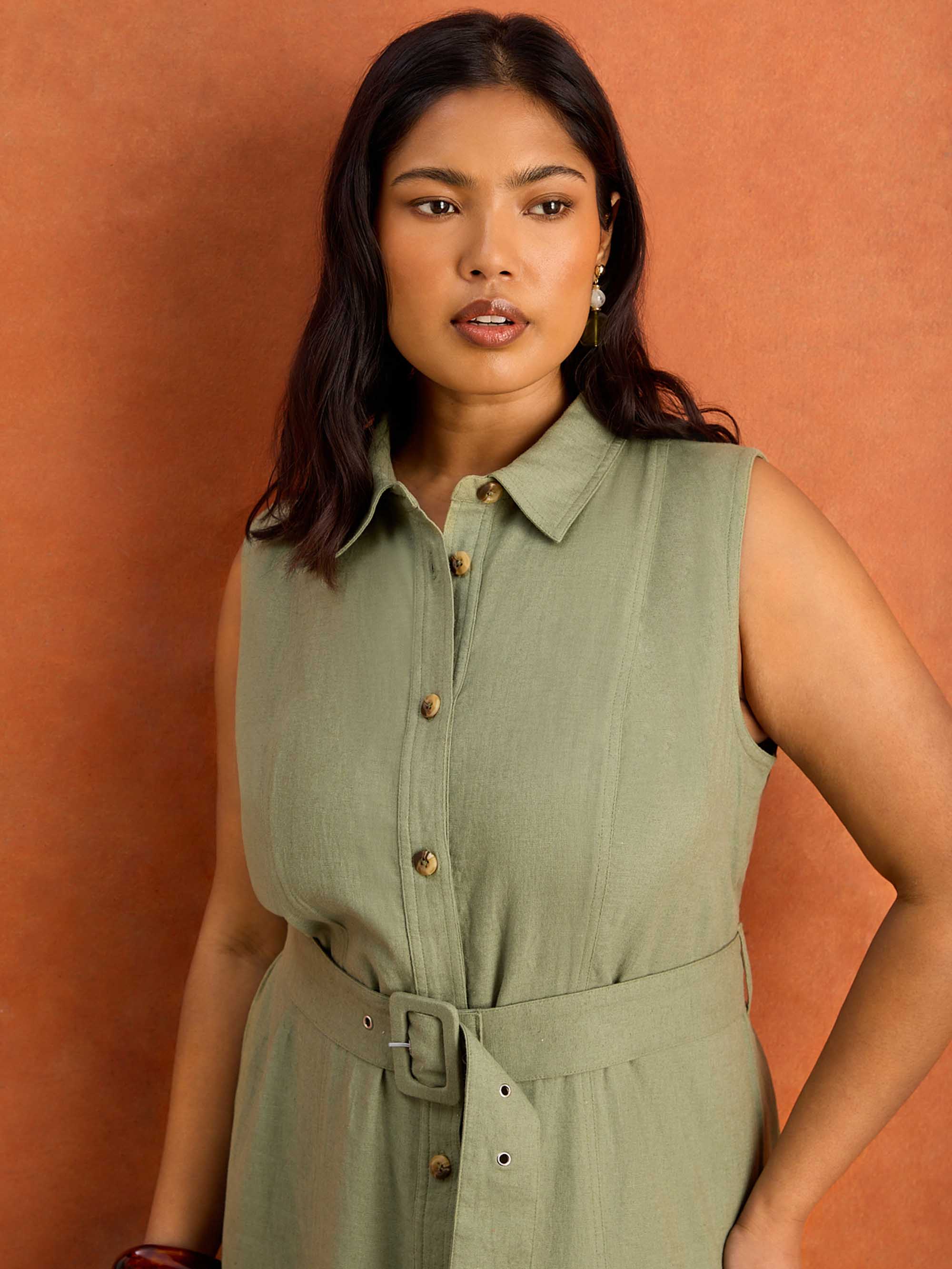 Green Linen Blend Belted Midi Shirt Dress - Image 2