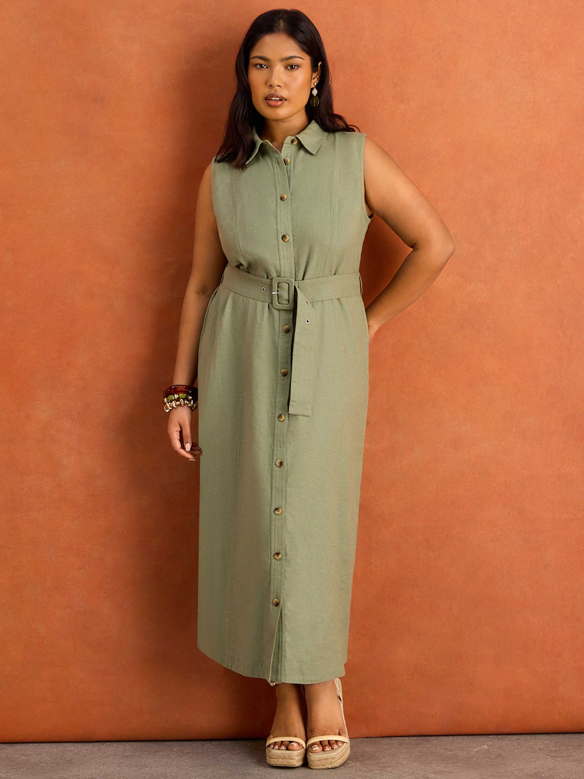 Green Linen Blend Belted Midi Shirt Dress - Image 3