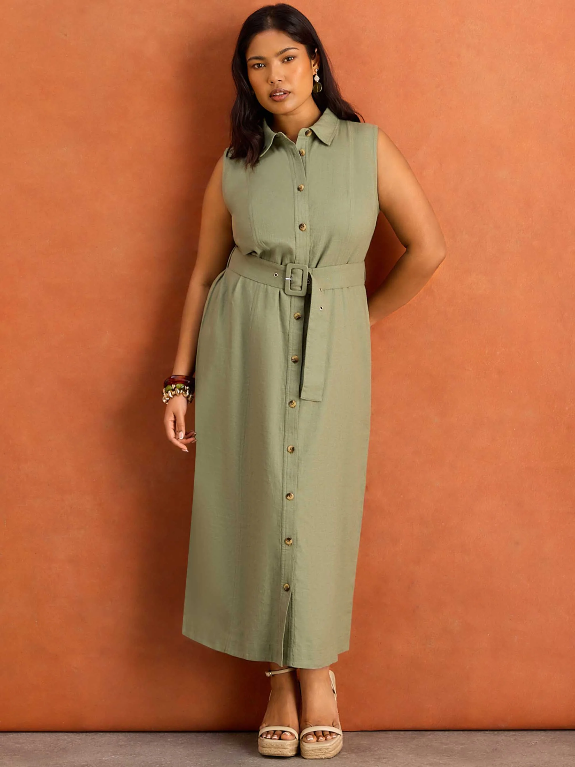 Green Linen Blend Belted Midi Shirt Dress - Image 4