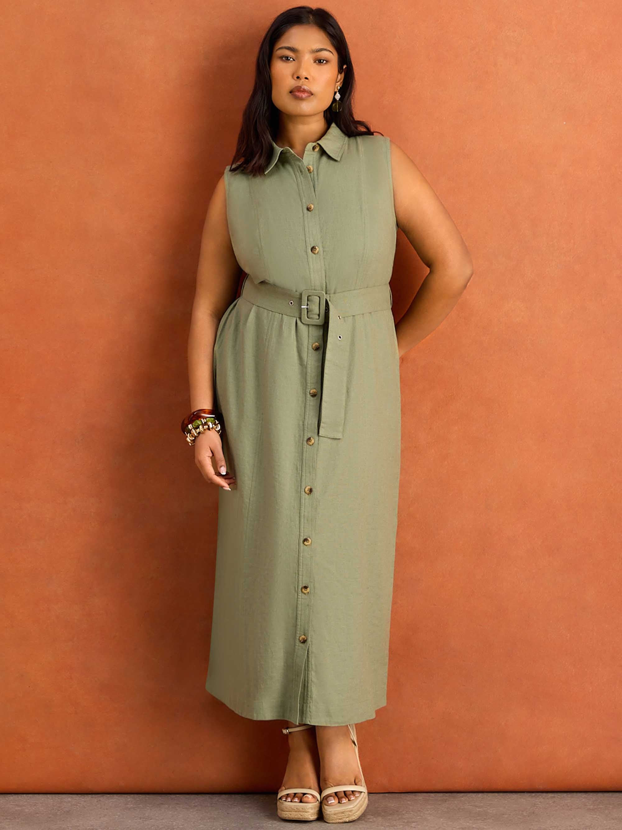 Green Linen Blend Belted Midi Shirt Dress - Image 5
