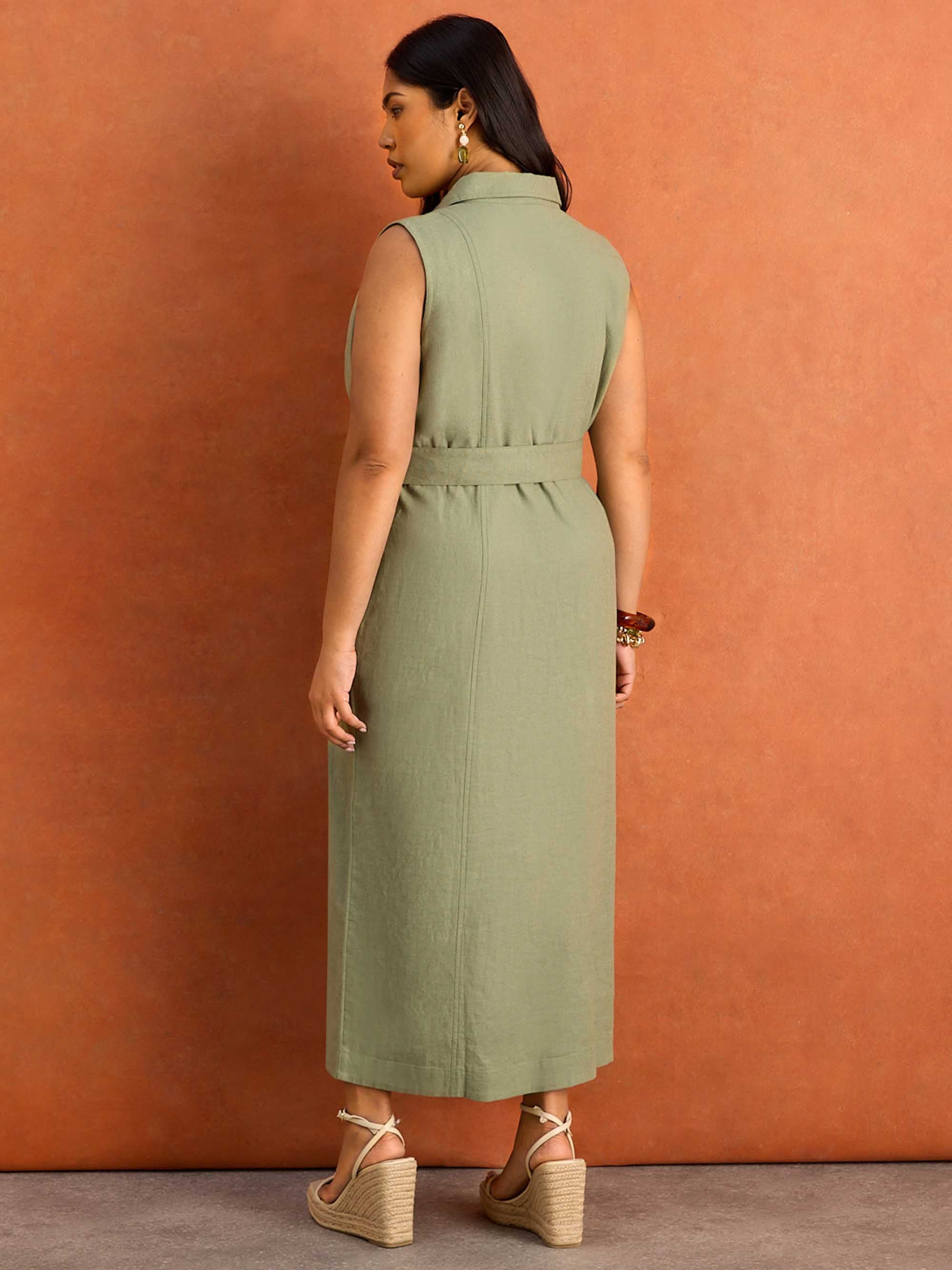 Green Linen Blend Belted Midi Shirt Dress - Image 6