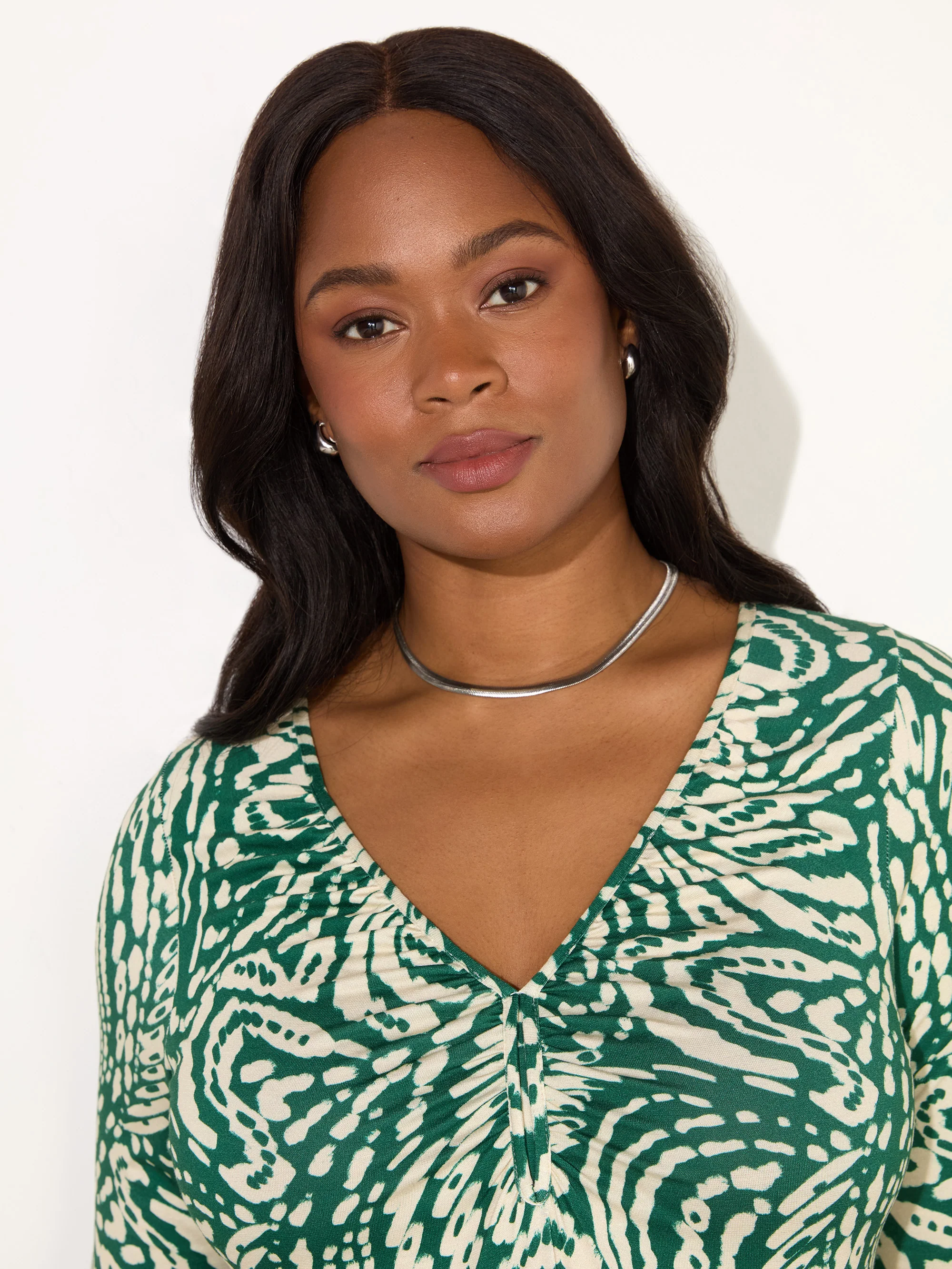 Green Mono Print Jersey Ruched Front Dress - Image 5